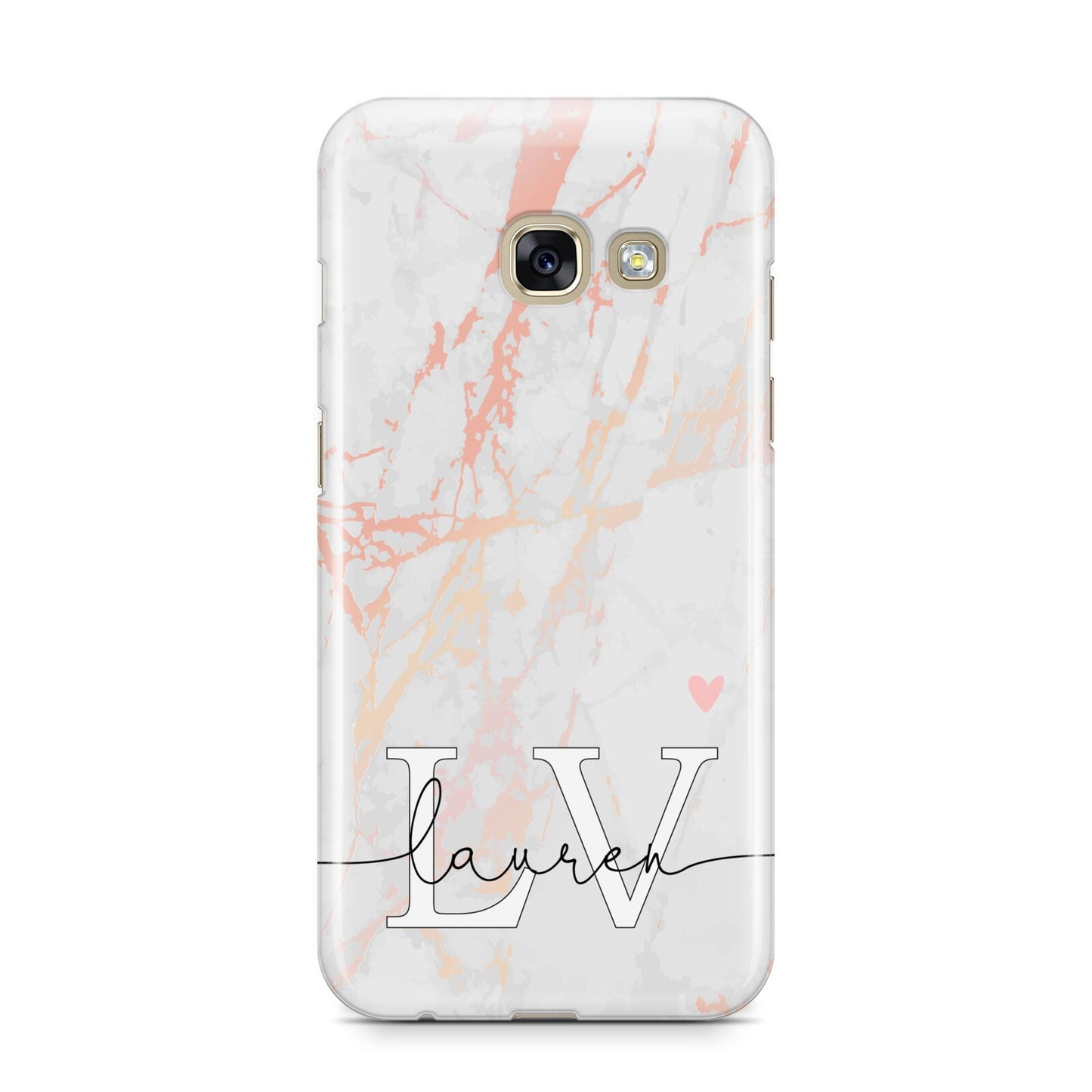 Personalised Initial Pink Marble Samsung Galaxy A3 2017 Case on gold phone