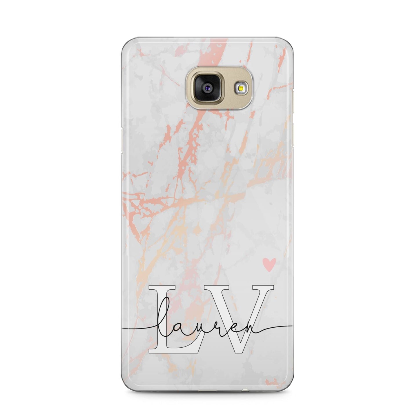 Personalised Initial Pink Marble Samsung Galaxy A5 2016 Case on gold phone