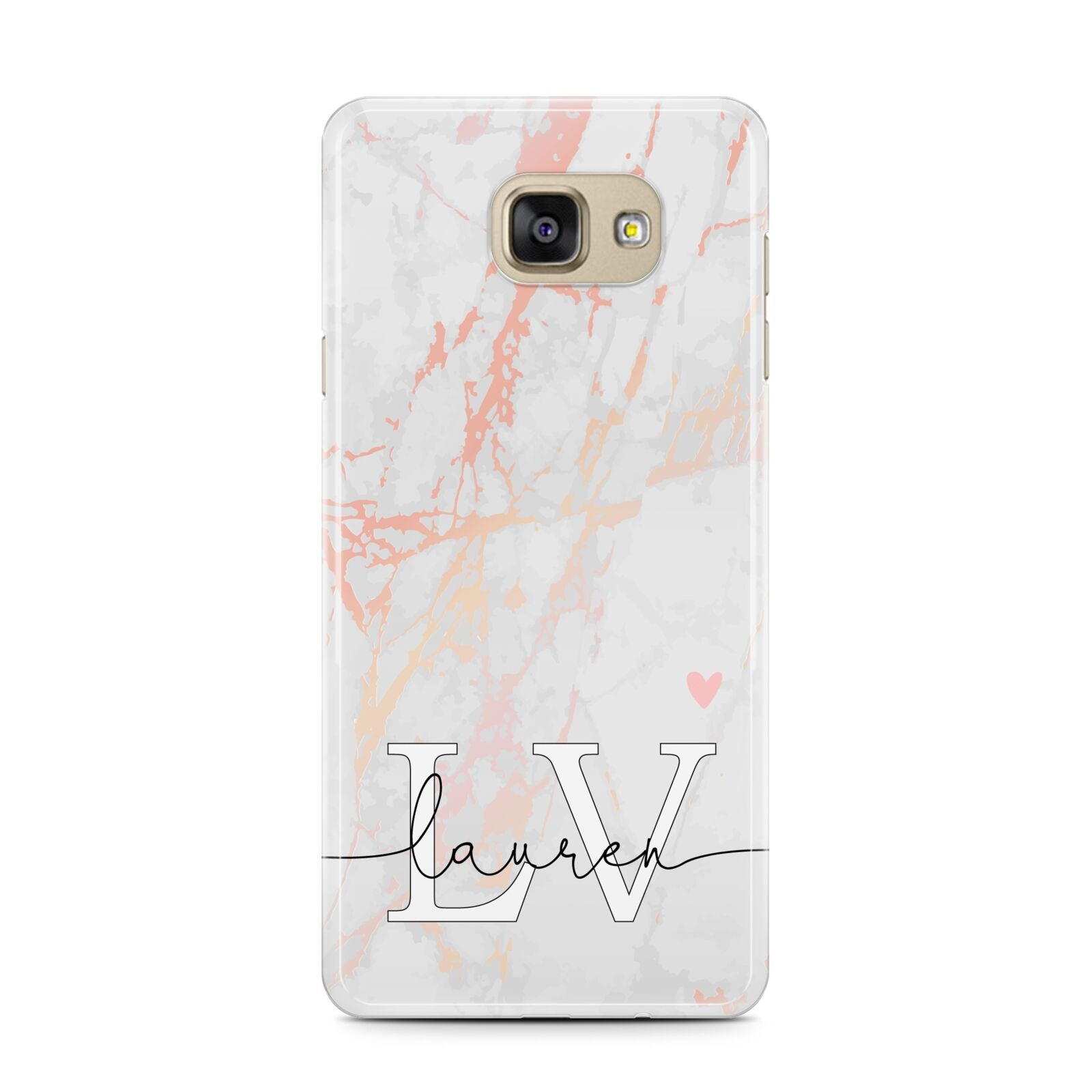 Personalised Initial Pink Marble Samsung Galaxy A7 2016 Case on gold phone