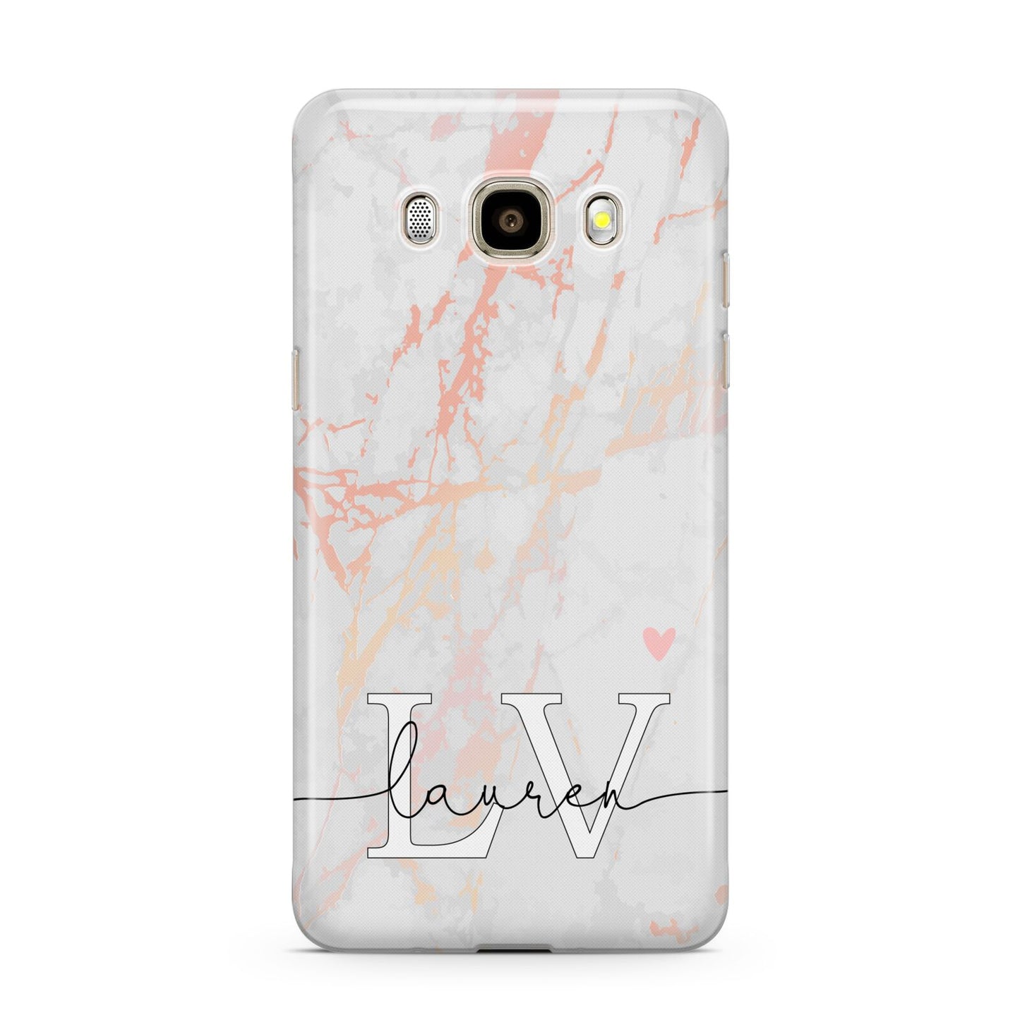 Personalised Initial Pink Marble Samsung Galaxy J7 2016 Case on gold phone