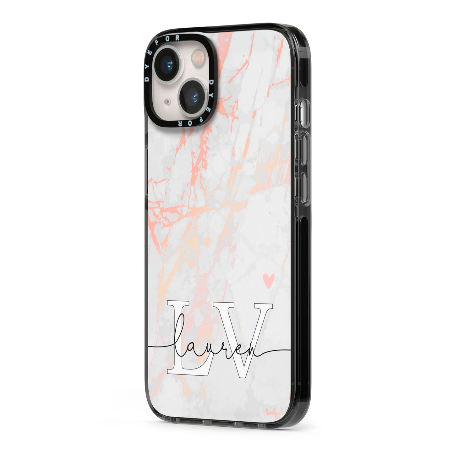 Personalised Initial Pink Marble iPhone 13 Black Impact Case Side Angle on Silver phone