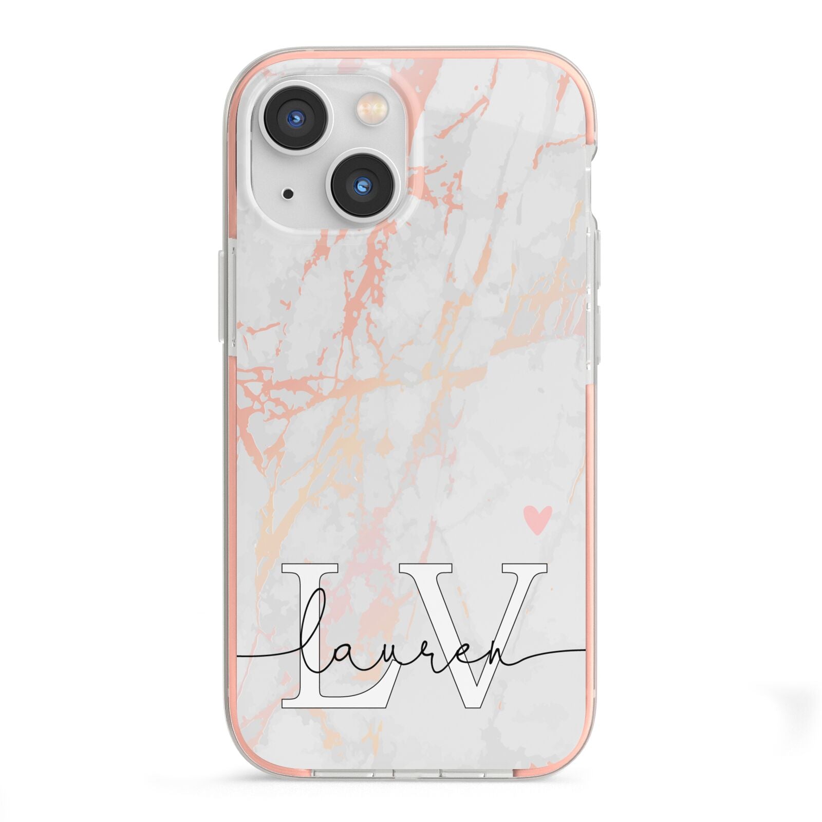 Personalised Initial Pink Marble iPhone 13 Mini TPU Impact Case with Pink Edges