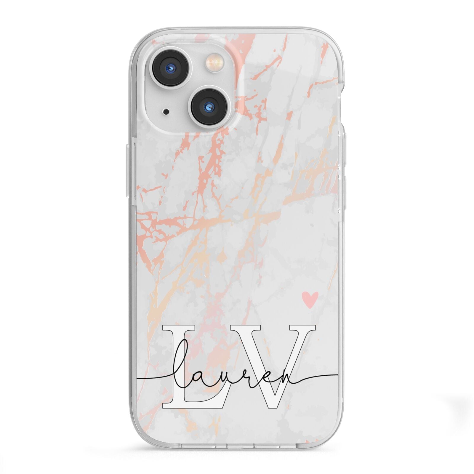 Personalised Initial Pink Marble iPhone 13 Mini TPU Impact Case with White Edges