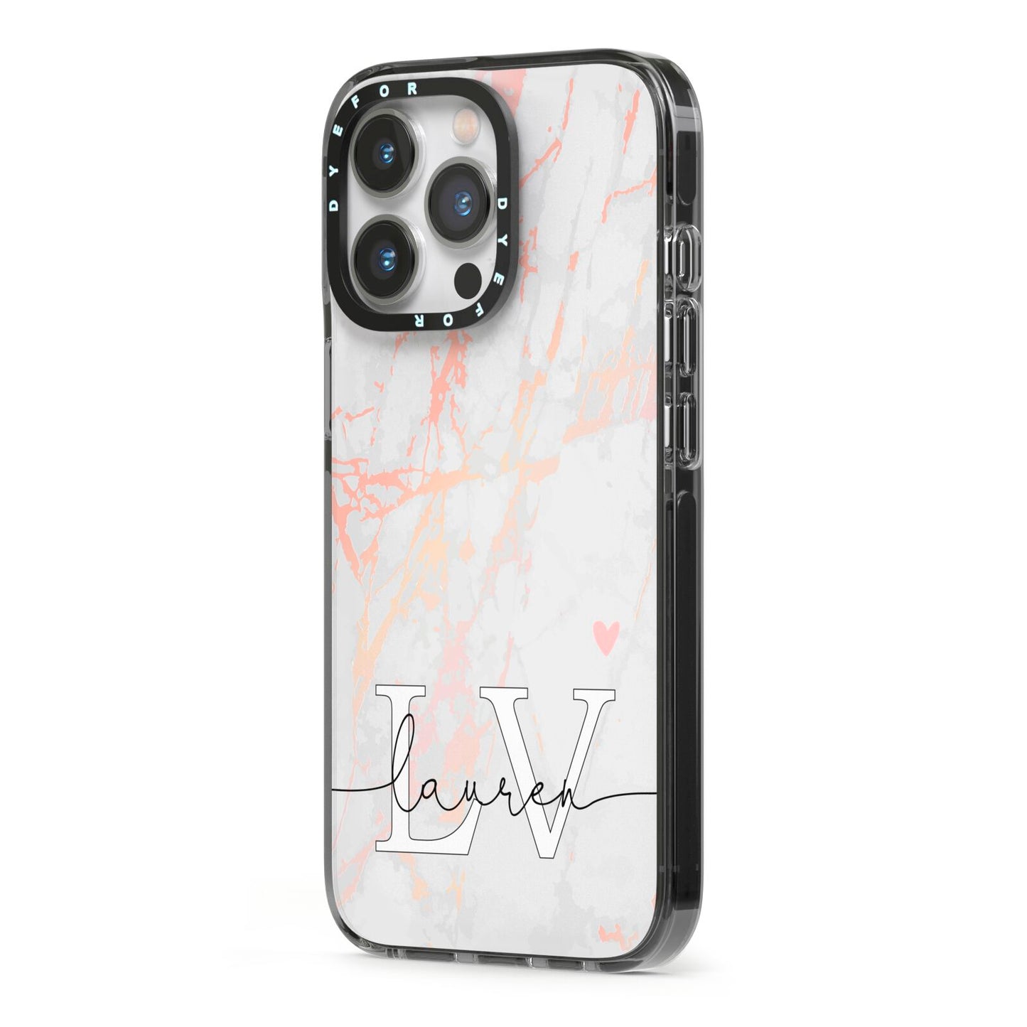 Personalised Initial Pink Marble iPhone 13 Pro Black Impact Case Side Angle on Silver phone