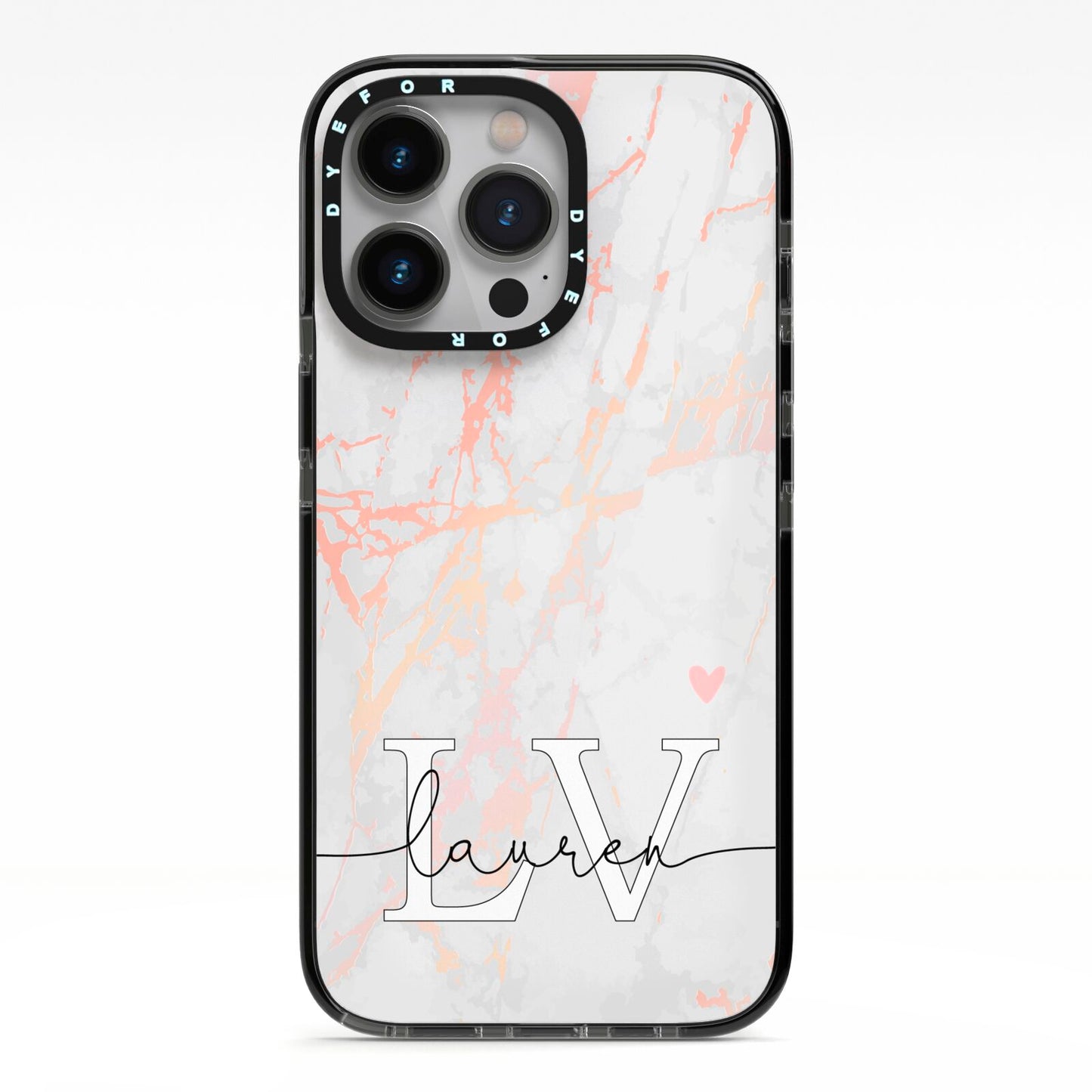 Personalised Initial Pink Marble iPhone 13 Pro Black Impact Case on Silver phone