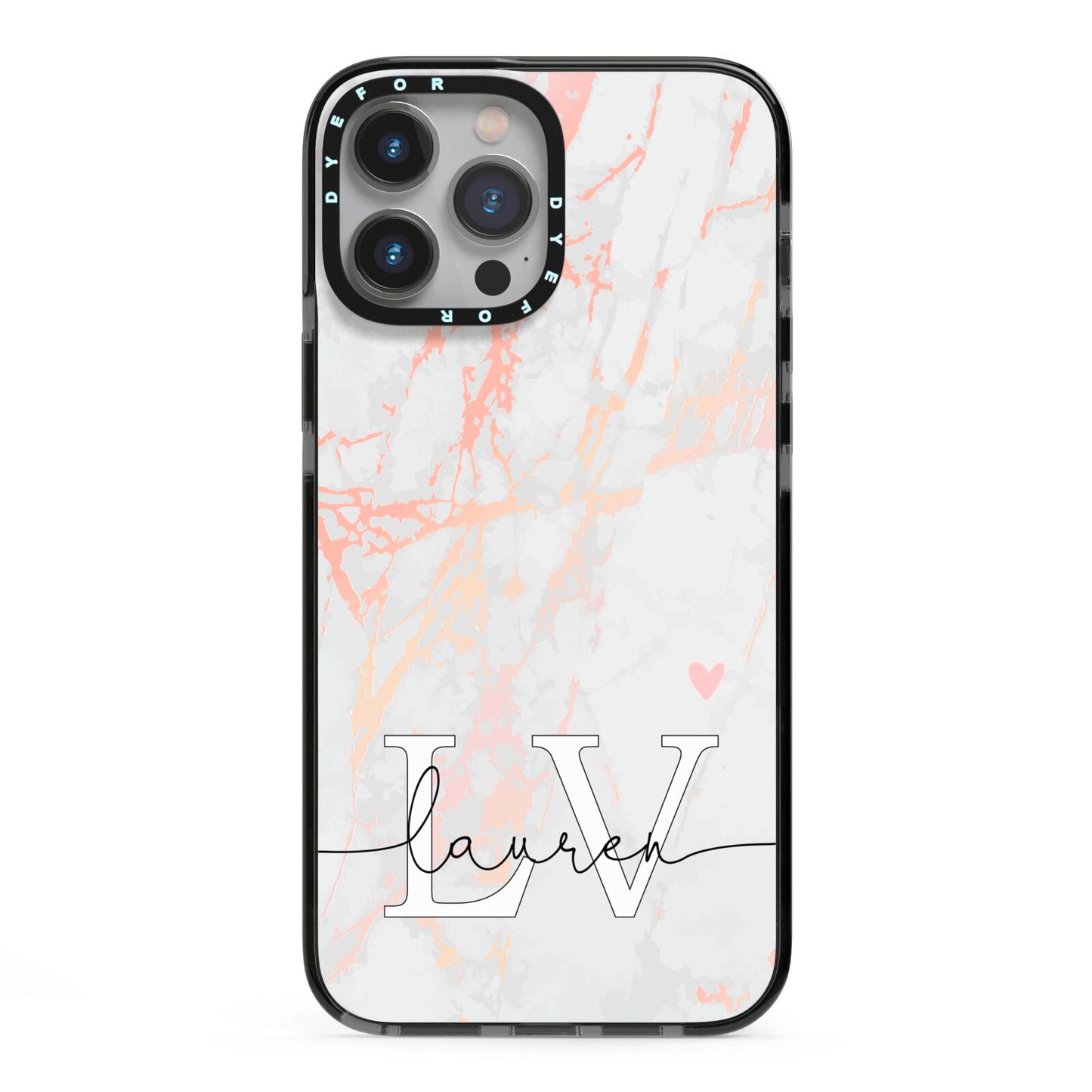 Personalised Initial Pink Marble iPhone 13 Pro Max Black Impact Case on Silver phone
