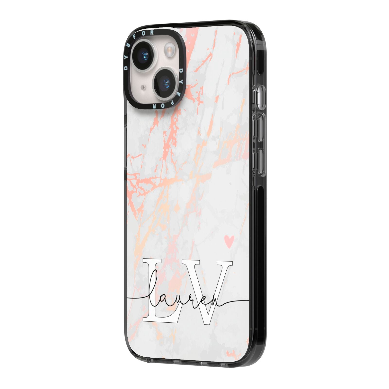 Personalised Initial Pink Marble iPhone 14 Black Impact Case Side Angle on Silver phone