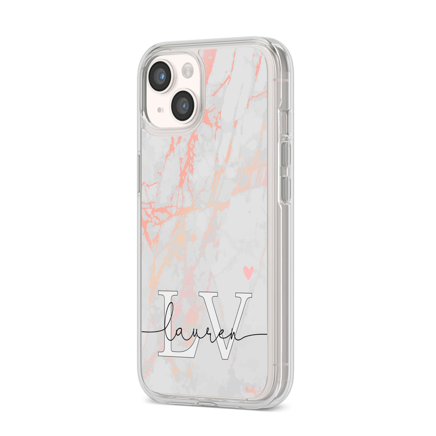 Personalised Initial Pink Marble iPhone 14 Clear Tough Case Starlight Angled Image