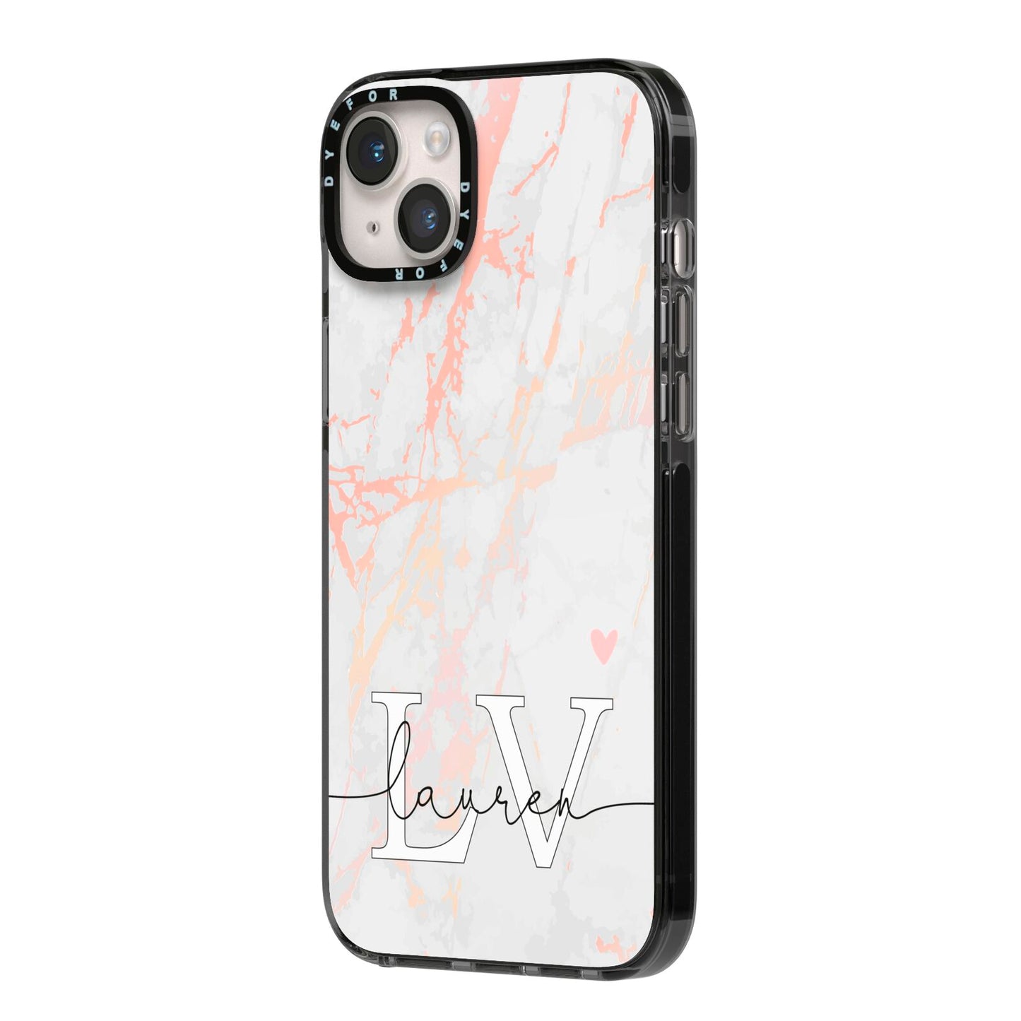 Personalised Initial Pink Marble iPhone 14 Plus Black Impact Case Side Angle on Silver phone