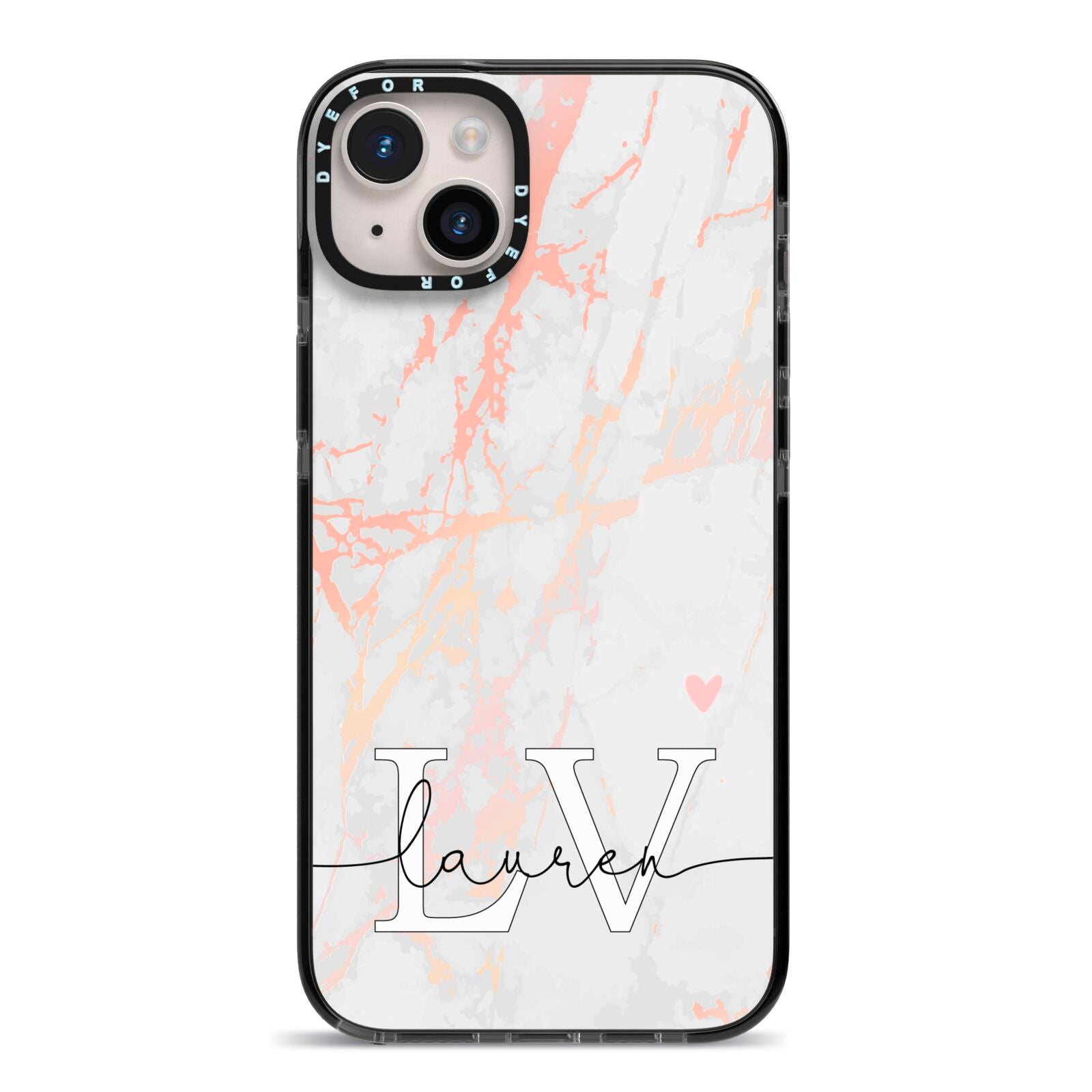 Personalised Initial Pink Marble iPhone 14 Plus Black Impact Case on Silver phone