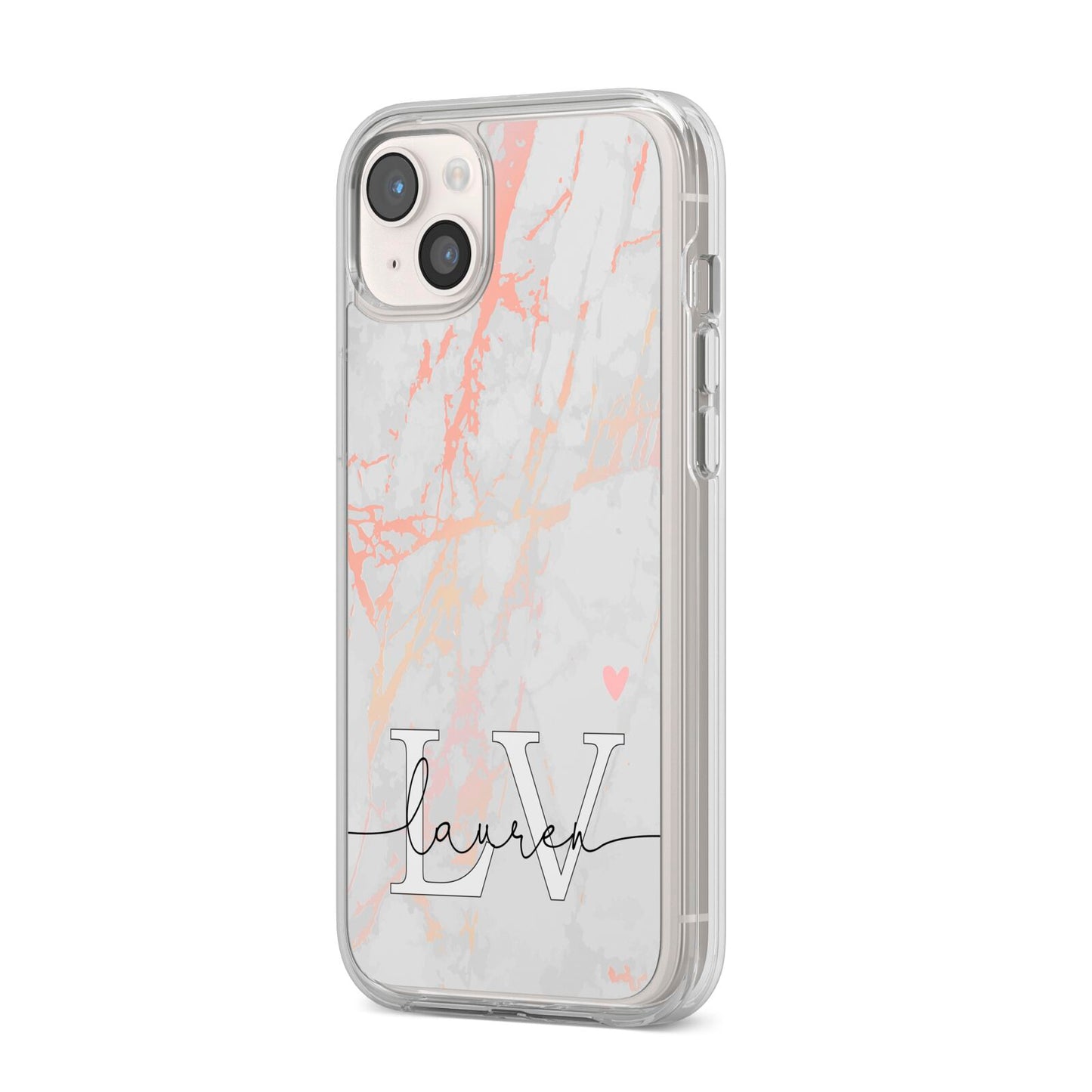 Personalised Initial Pink Marble iPhone 14 Plus Clear Tough Case Starlight Angled Image