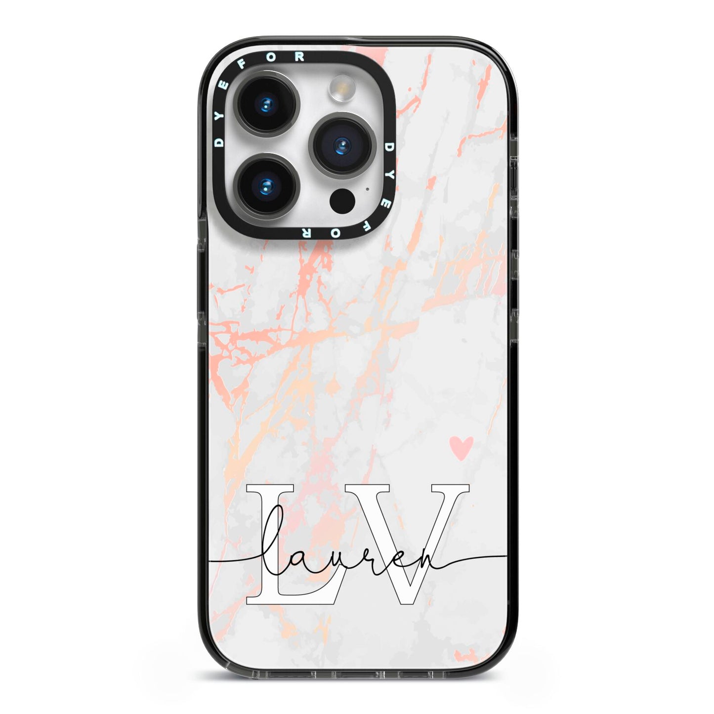 Personalised Initial Pink Marble iPhone 14 Pro Black Impact Case on Silver phone