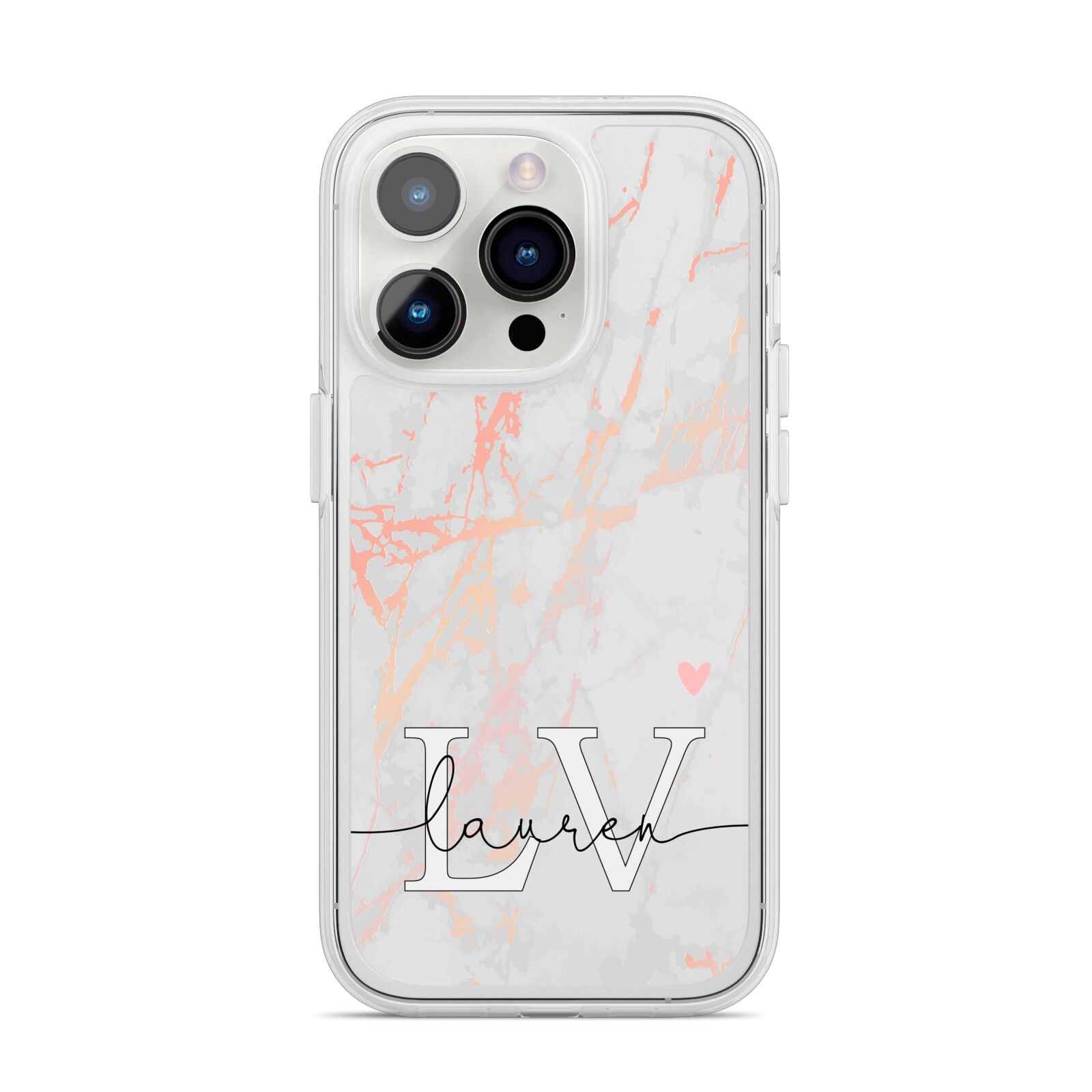 Personalised Initial Pink Marble iPhone 14 Pro Clear Tough Case Silver