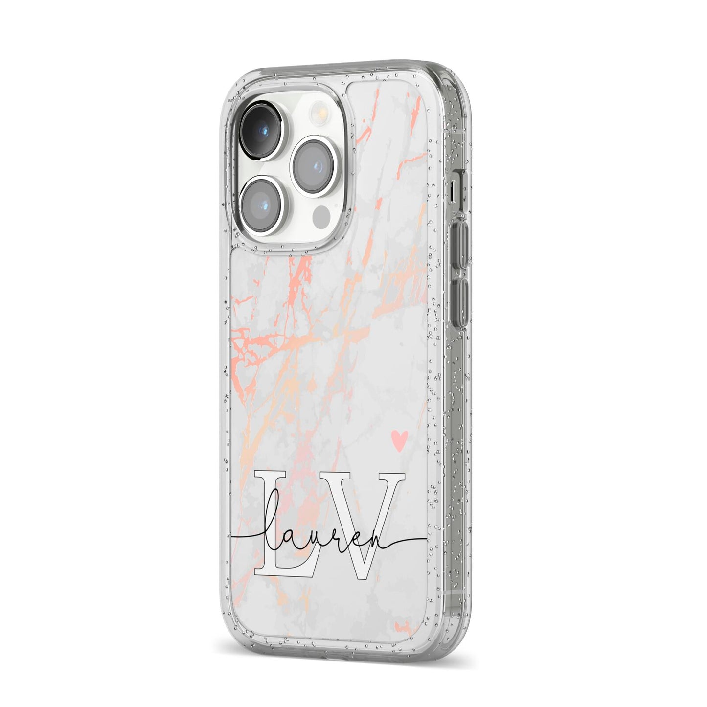 Personalised Initial Pink Marble iPhone 14 Pro Glitter Tough Case Silver Angled Image