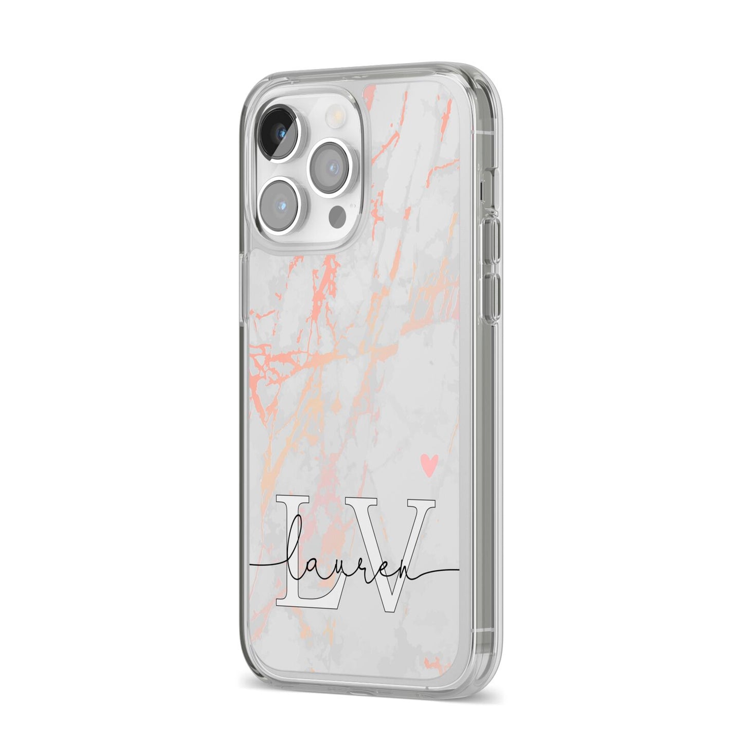 Personalised Initial Pink Marble iPhone 14 Pro Max Clear Tough Case Silver Angled Image