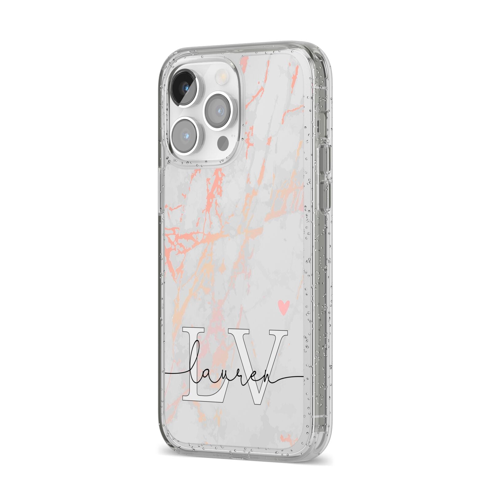 Personalised Initial Pink Marble iPhone 14 Pro Max Glitter Tough Case Silver Angled Image