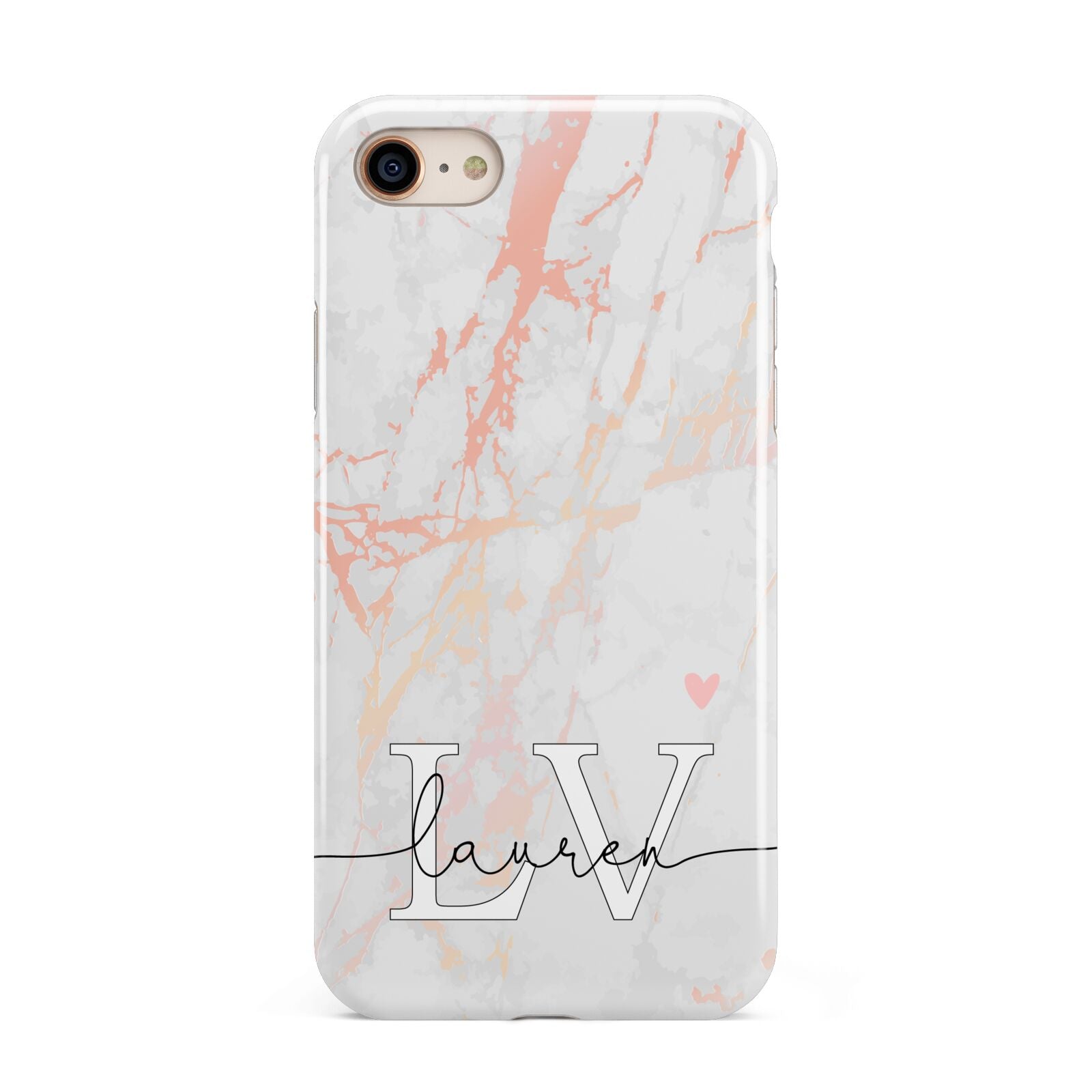 Personalised Initial Pink Marble iPhone 8 3D Tough Case on Gold Phone