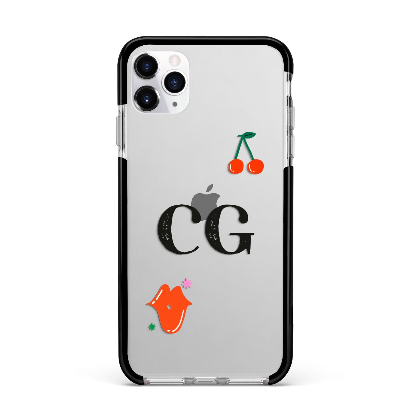 Personalised Initials Cherry Apple iPhone 11 Pro Max in Silver with Black Impact Case