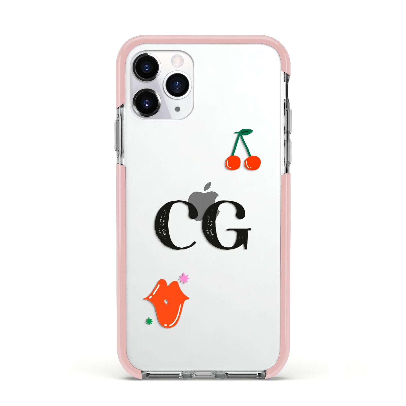 Personalised Initials Cherry Apple iPhone 11 Pro in Silver with Pink Impact Case