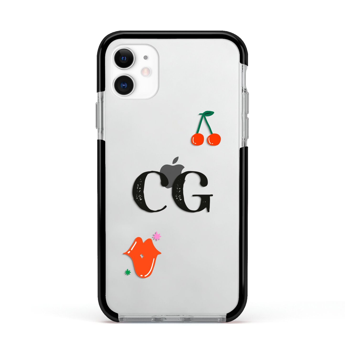 Personalised Initials Cherry Apple iPhone 11 in White with Black Impact Case