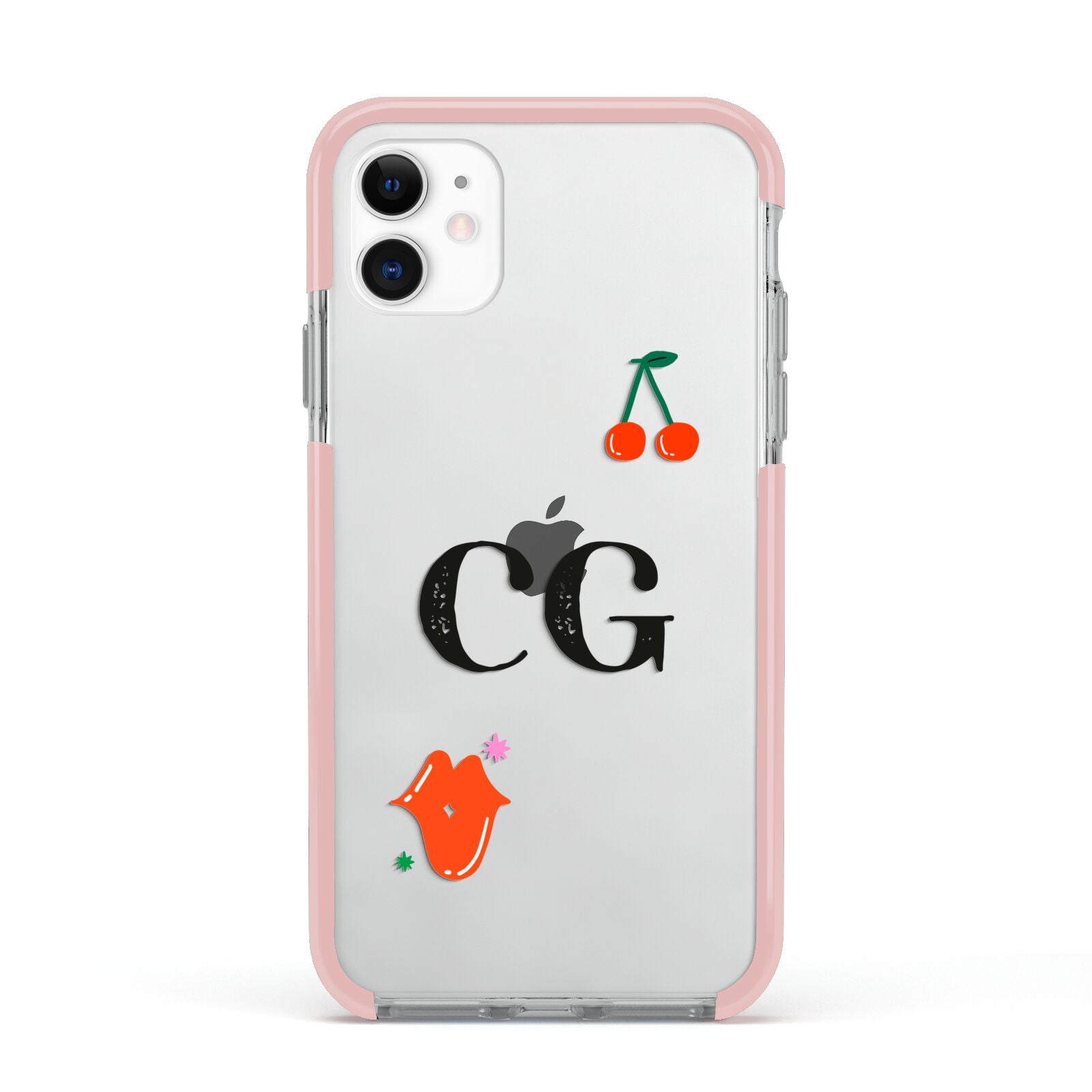 Personalised Initials Cherry Apple iPhone 11 in White with Pink Impact Case