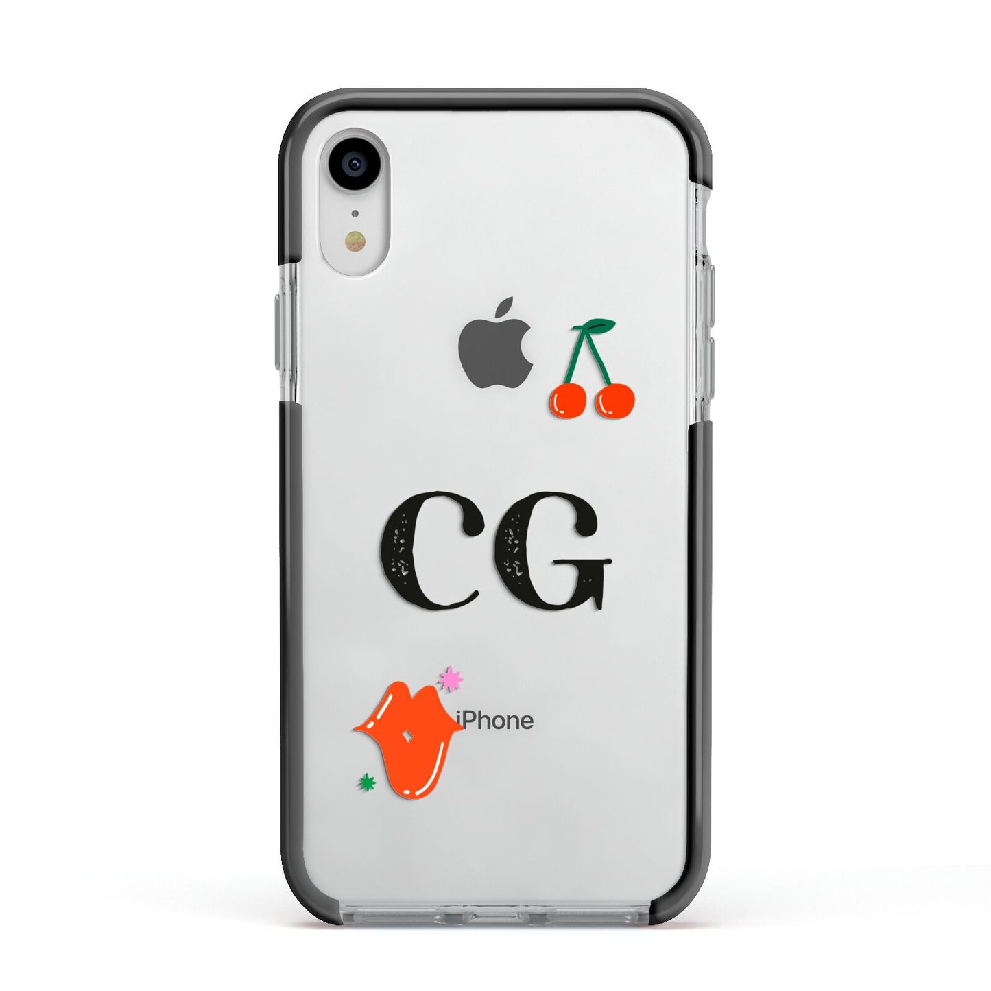 Personalised Initials Cherry Apple iPhone XR Impact Case Black Edge on Silver Phone