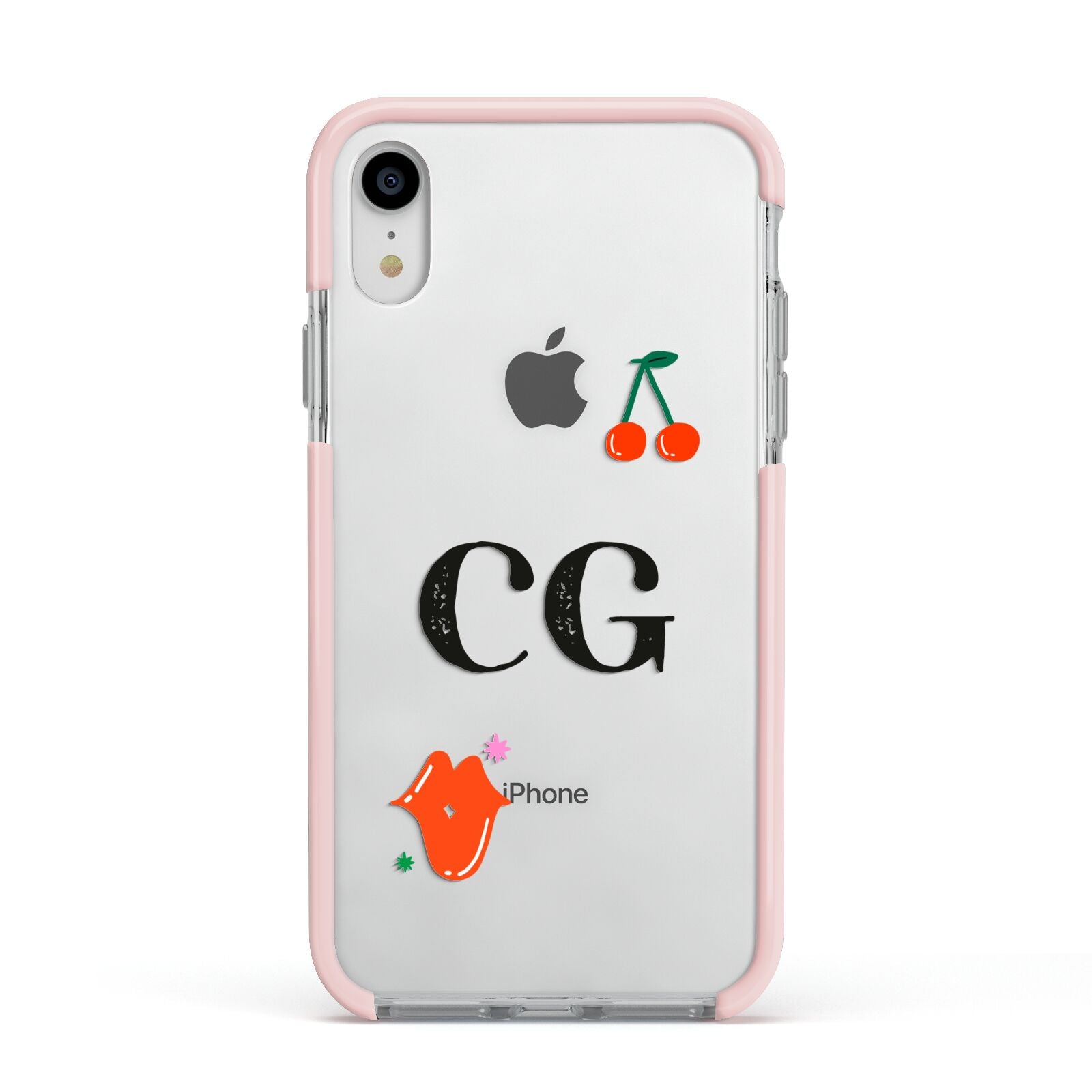 Personalised Initials Cherry Apple iPhone XR Impact Case Pink Edge on Silver Phone