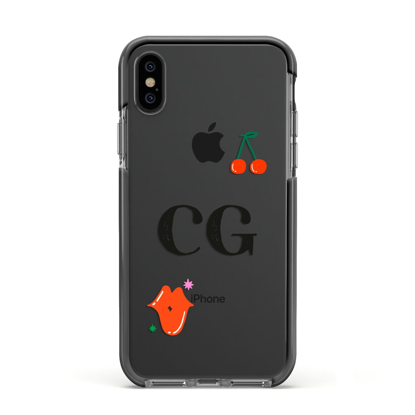 Personalised Initials Cherry Apple iPhone Xs Impact Case Black Edge on Black Phone