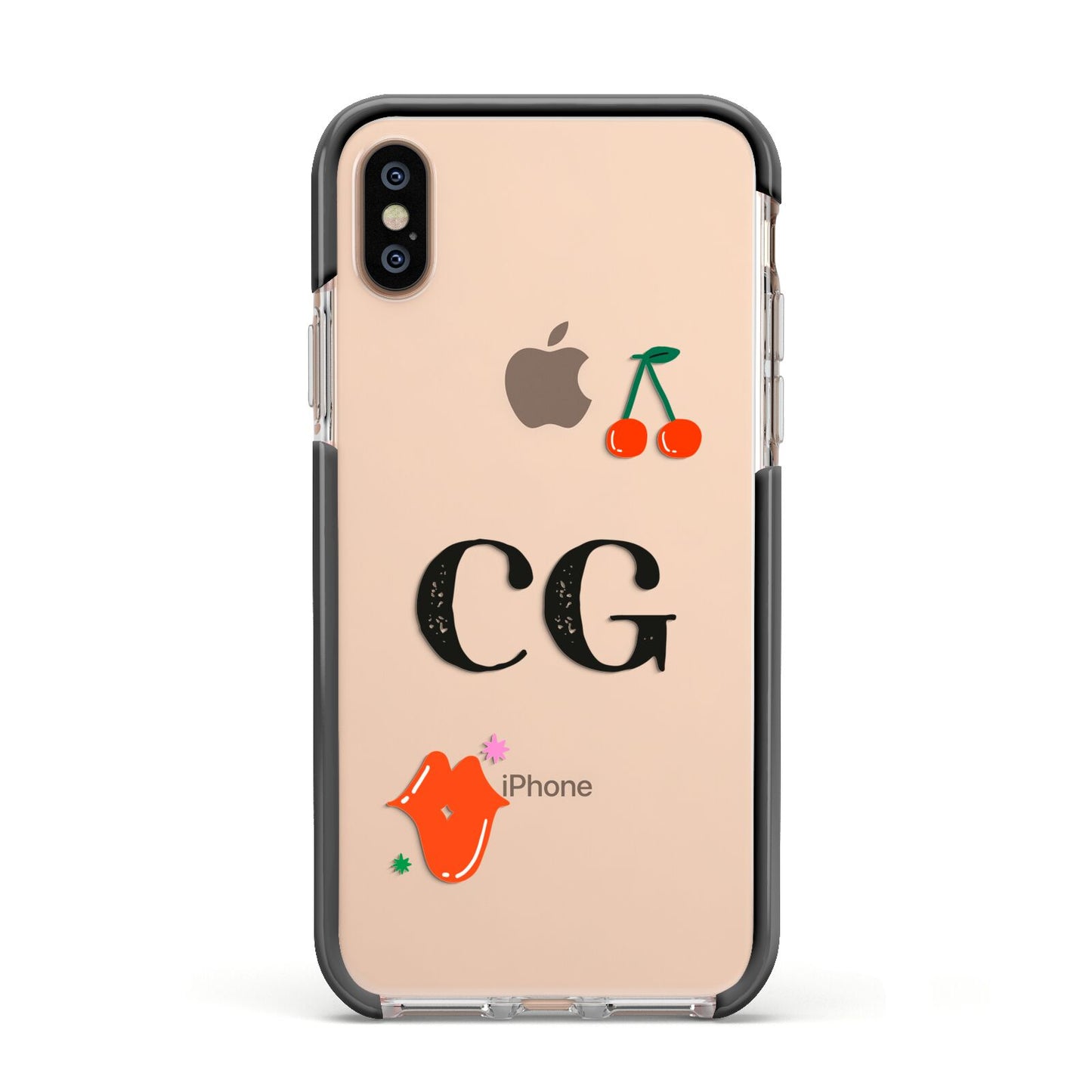 Personalised Initials Cherry Apple iPhone Xs Impact Case Black Edge on Gold Phone