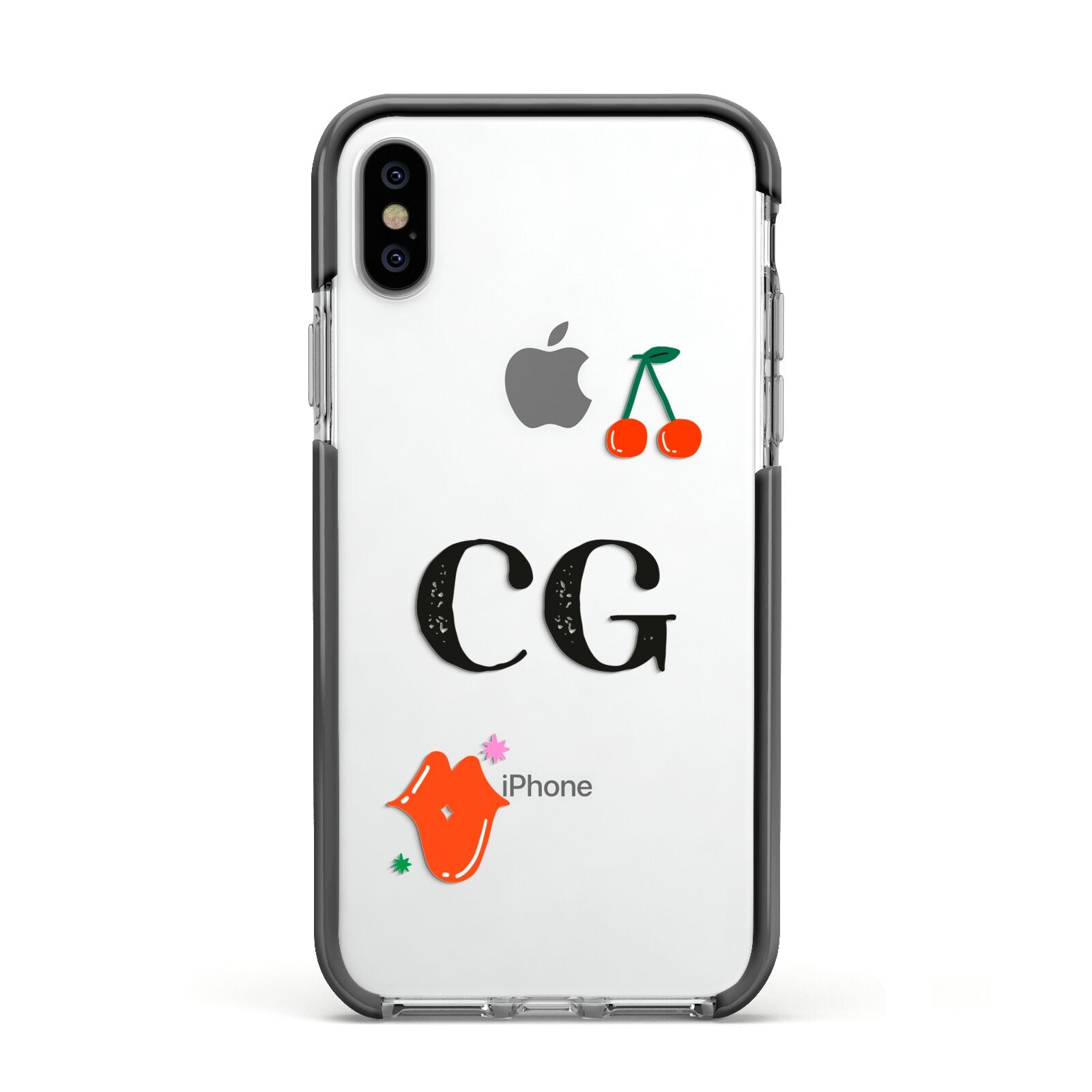 Personalised Initials Cherry Apple iPhone Xs Impact Case Black Edge on Silver Phone