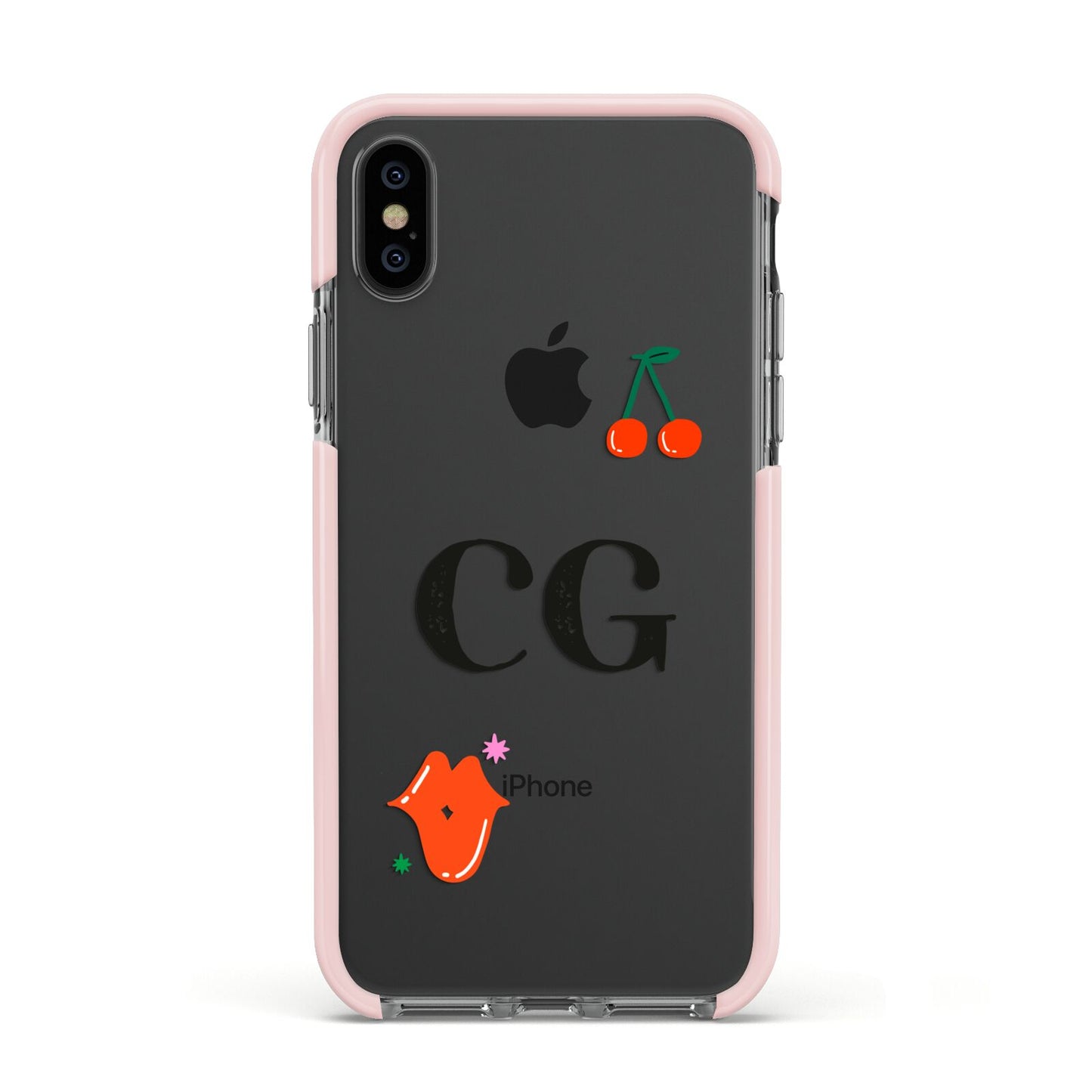 Personalised Initials Cherry Apple iPhone Xs Impact Case Pink Edge on Black Phone