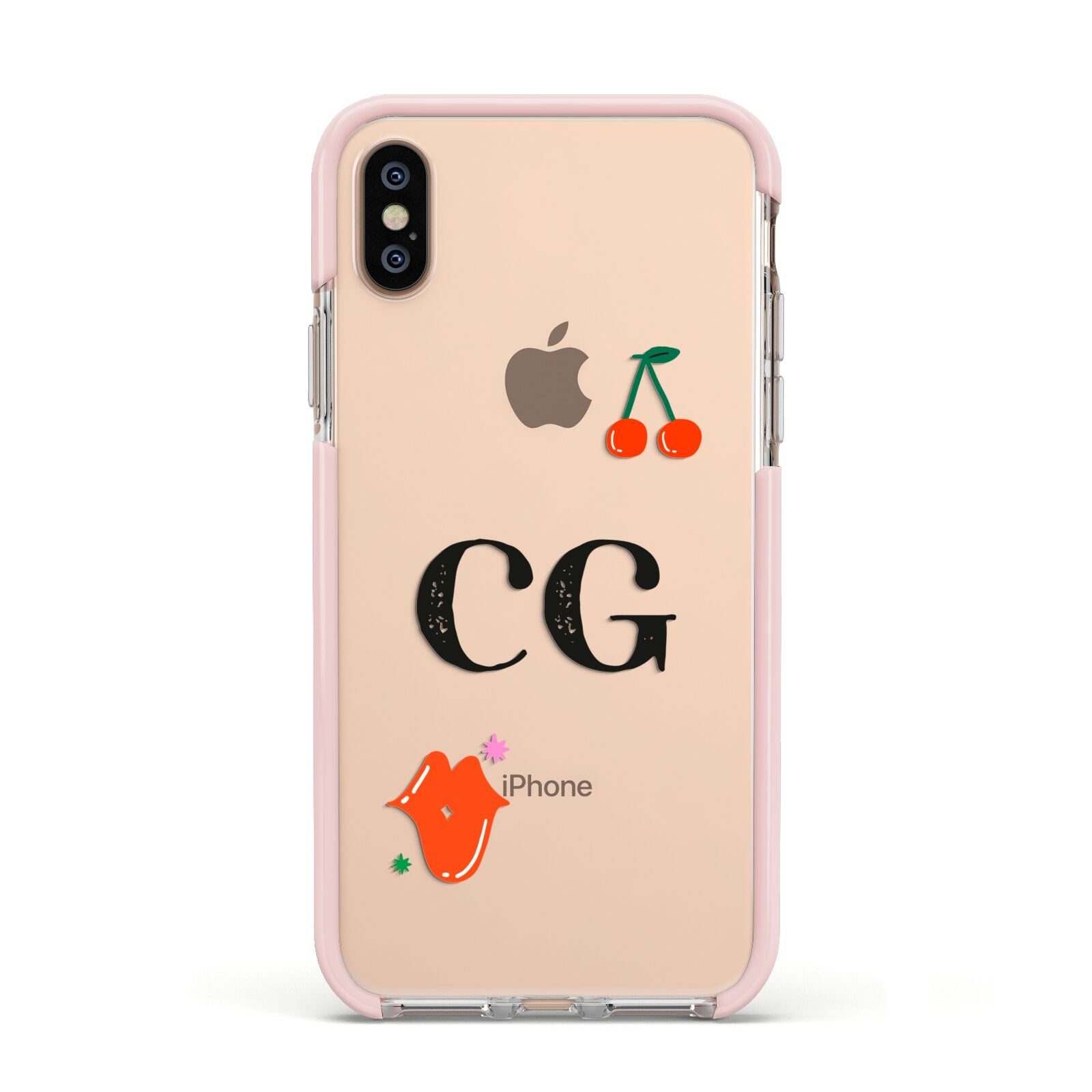 Personalised Initials Cherry Apple iPhone Xs Impact Case Pink Edge on Gold Phone