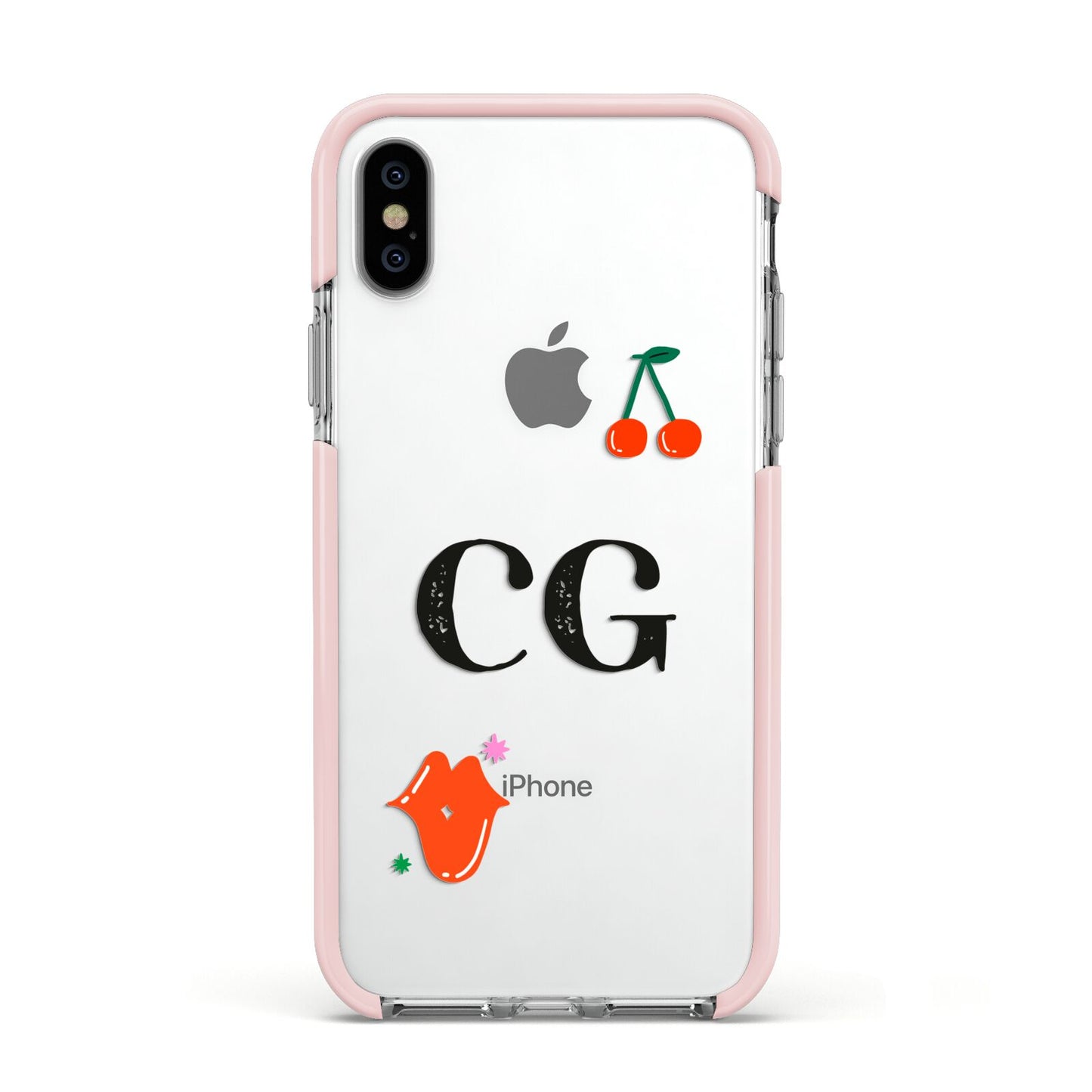 Personalised Initials Cherry Apple iPhone Xs Impact Case Pink Edge on Silver Phone