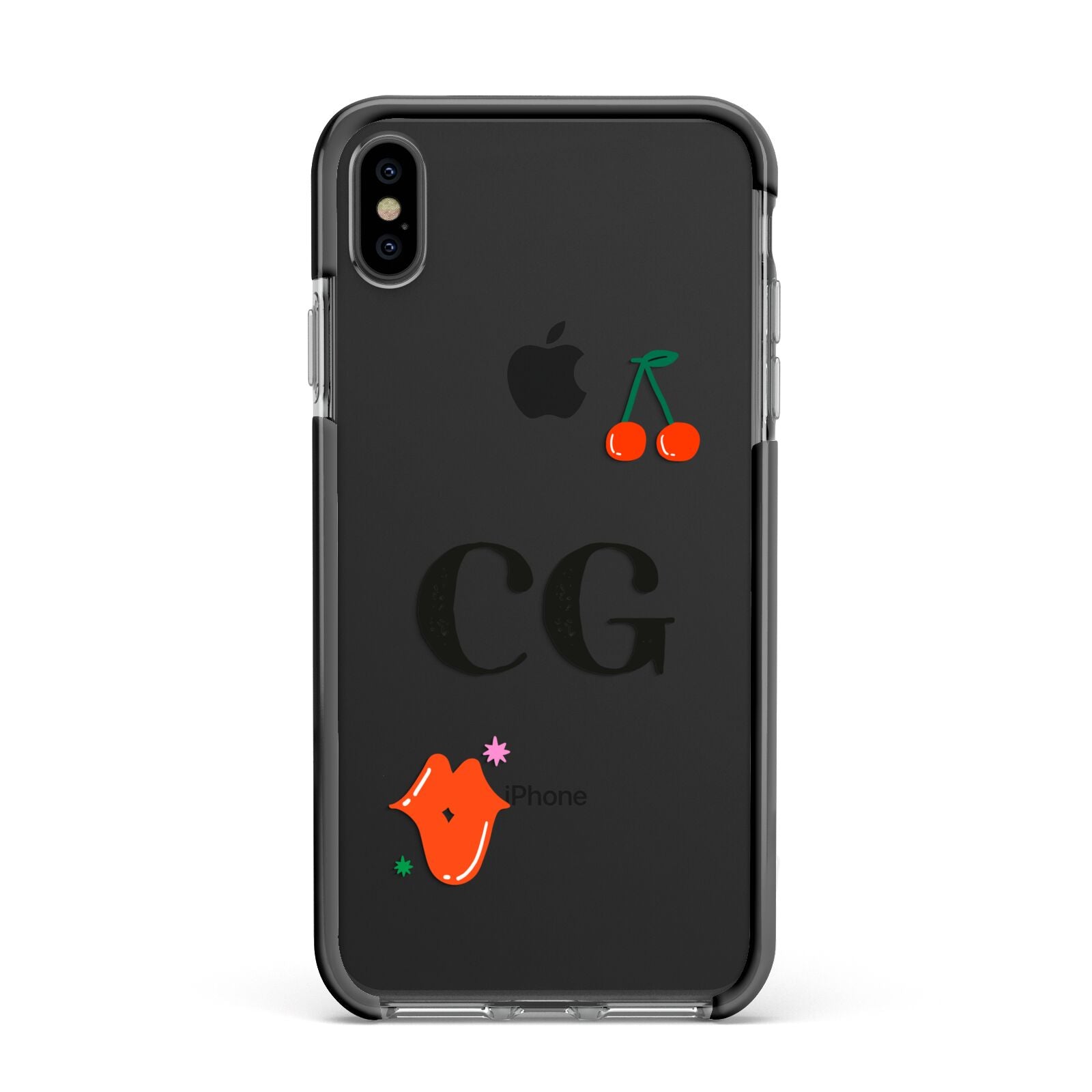 Personalised Initials Cherry Apple iPhone Xs Max Impact Case Black Edge on Black Phone