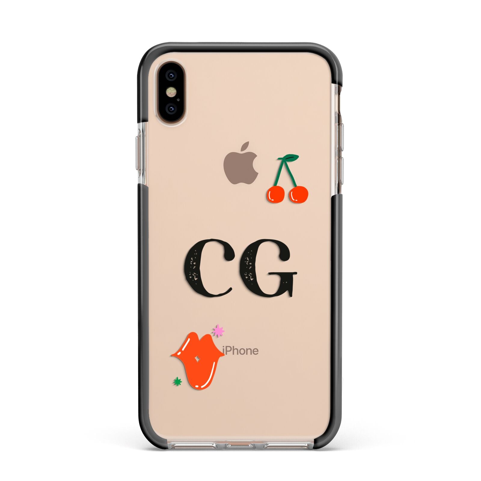 Personalised Initials Cherry Apple iPhone Xs Max Impact Case Black Edge on Gold Phone