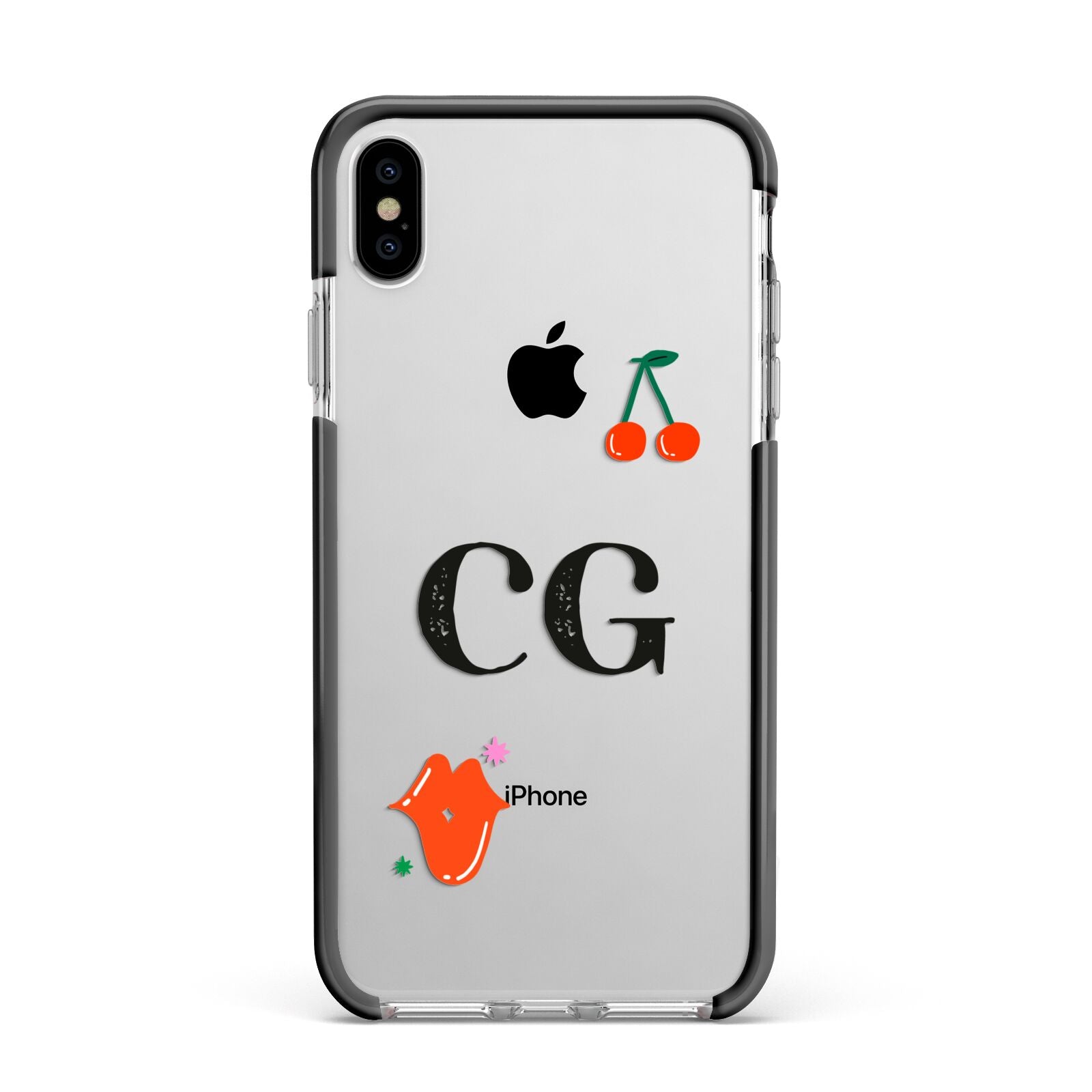 Personalised Initials Cherry Apple iPhone Xs Max Impact Case Black Edge on Silver Phone