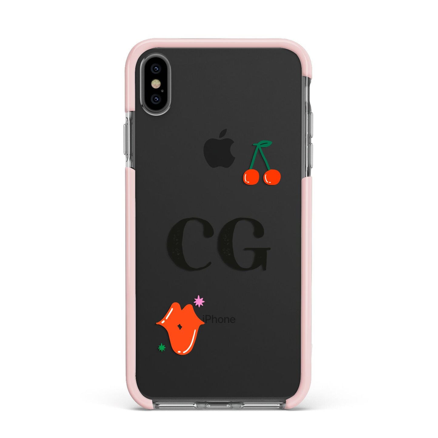 Personalised Initials Cherry Apple iPhone Xs Max Impact Case Pink Edge on Black Phone