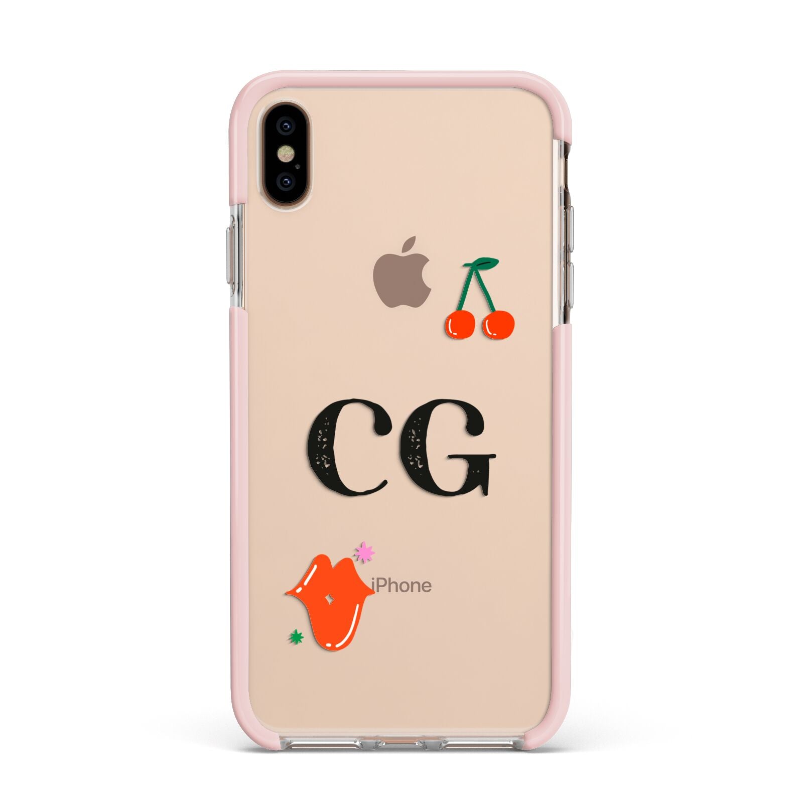 Personalised Initials Cherry Apple iPhone Xs Max Impact Case Pink Edge on Gold Phone