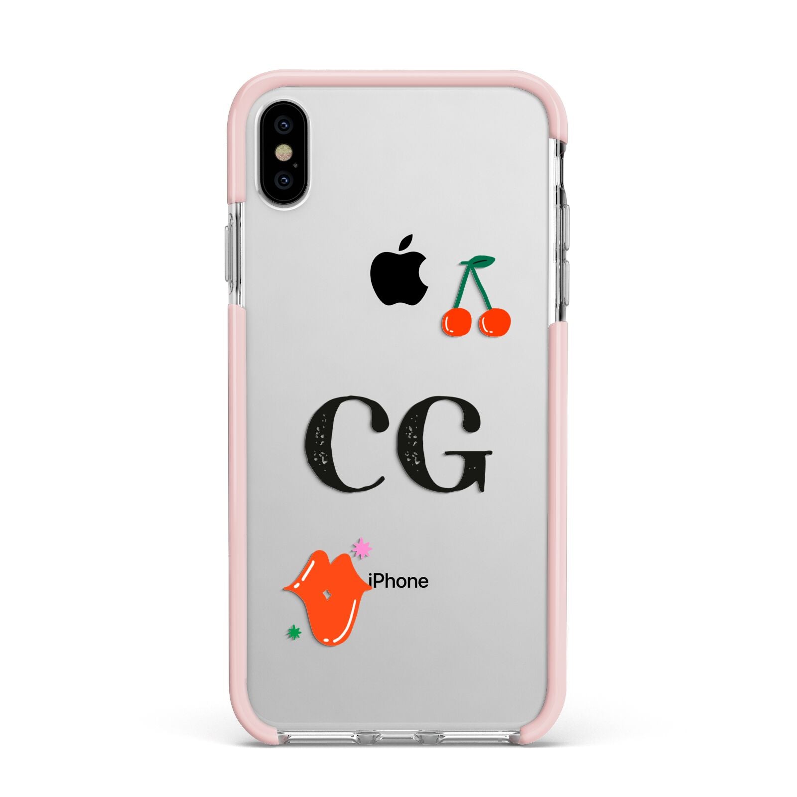 Personalised Initials Cherry Apple iPhone Xs Max Impact Case Pink Edge on Silver Phone