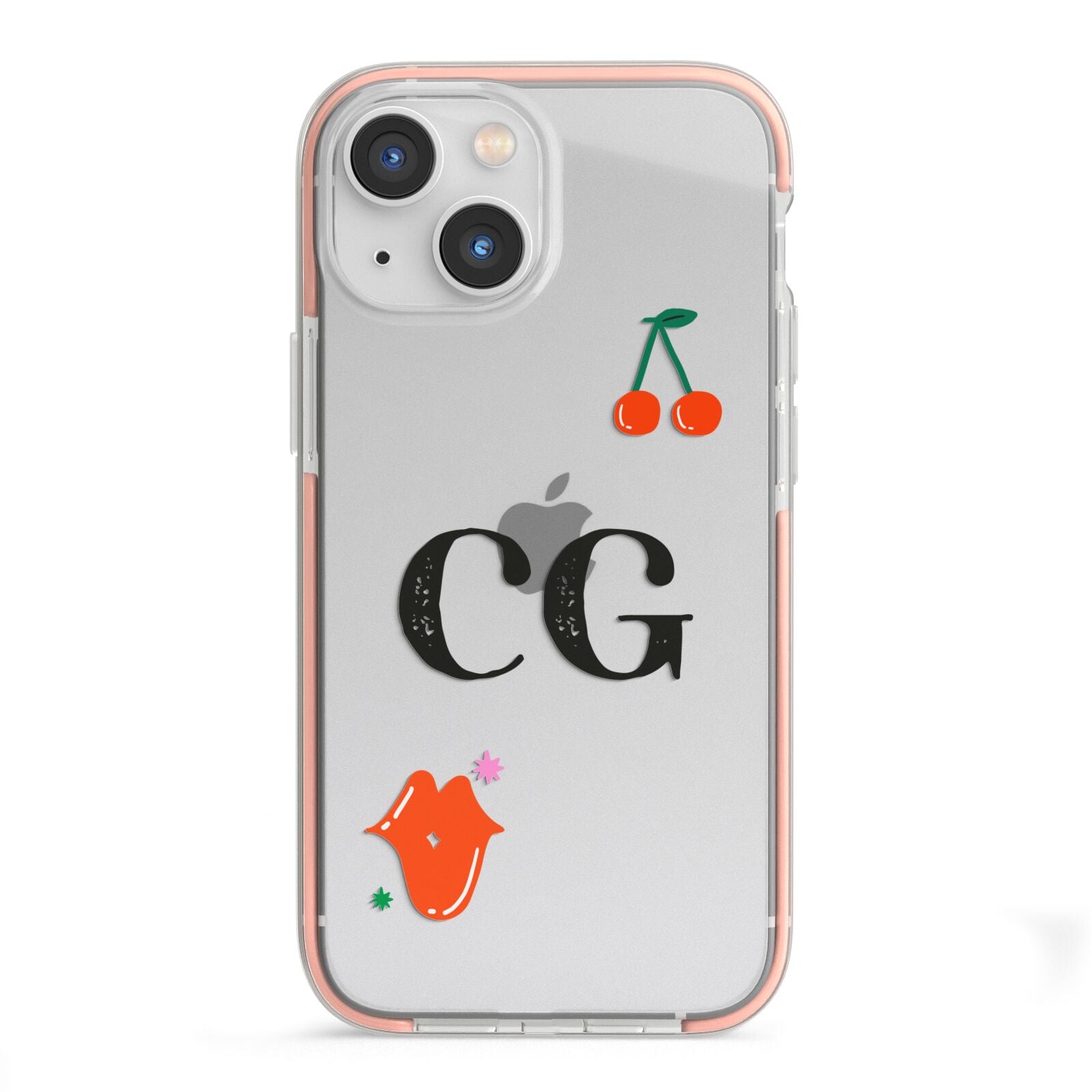 Personalised Initials Cherry iPhone 13 Mini TPU Impact Case with Pink Edges