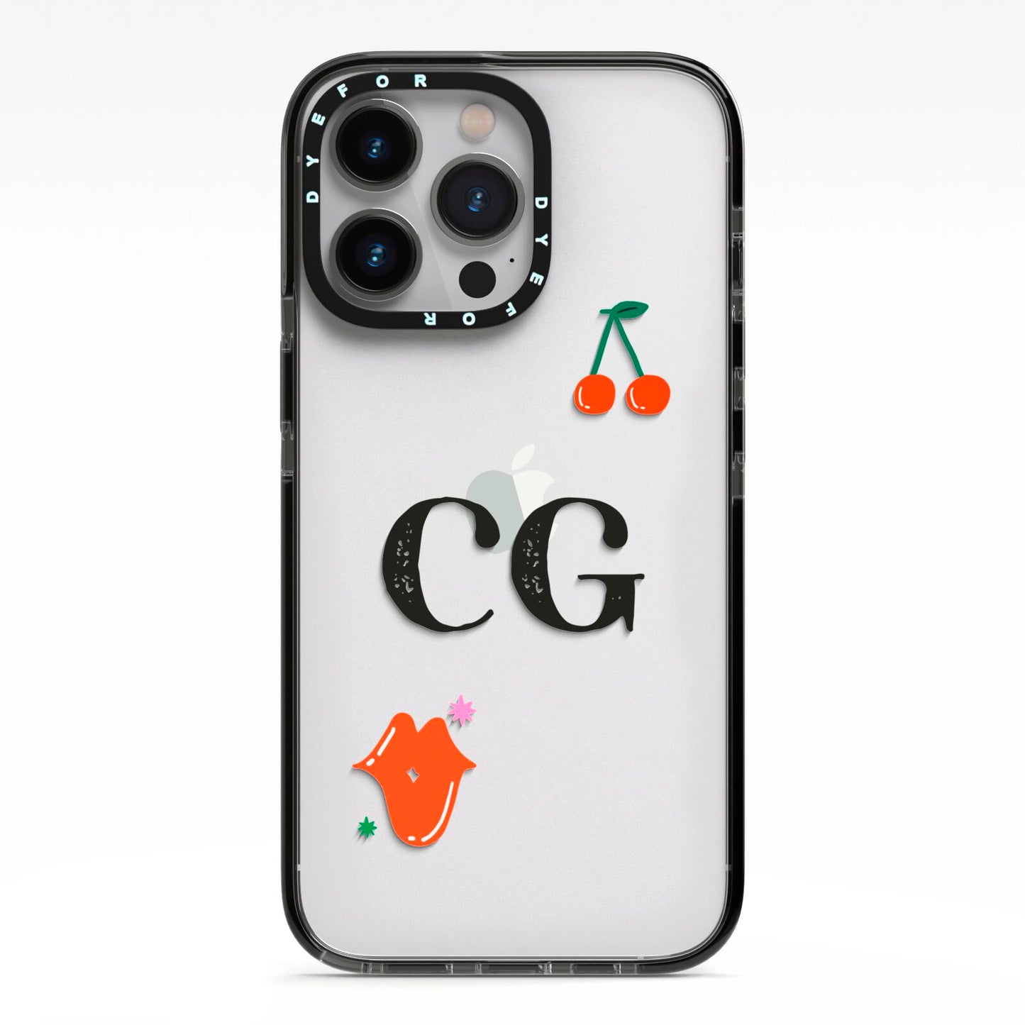 Personalised Initials Cherry iPhone 13 Pro Black Impact Case on Silver phone