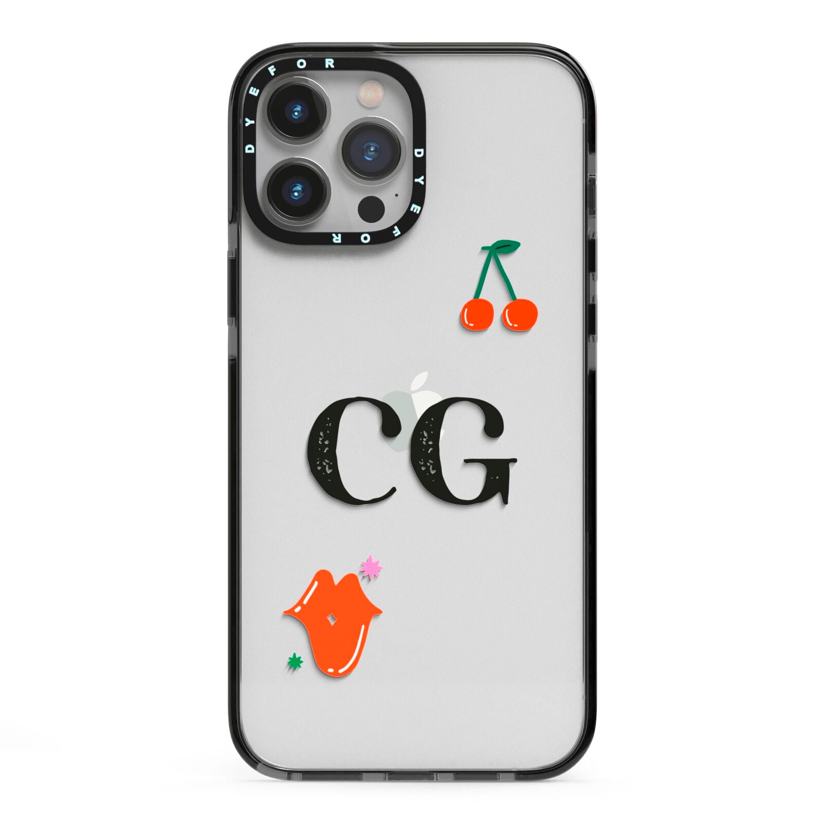 Personalised Initials Cherry iPhone 13 Pro Max Black Impact Case on Silver phone