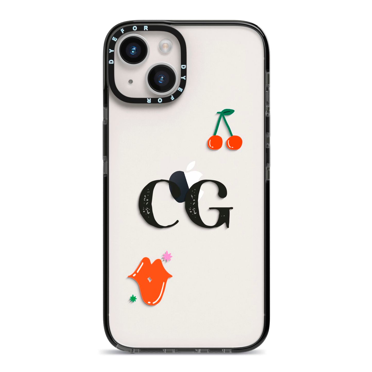 Personalised Initials Cherry iPhone 14 Black Impact Case on Silver phone