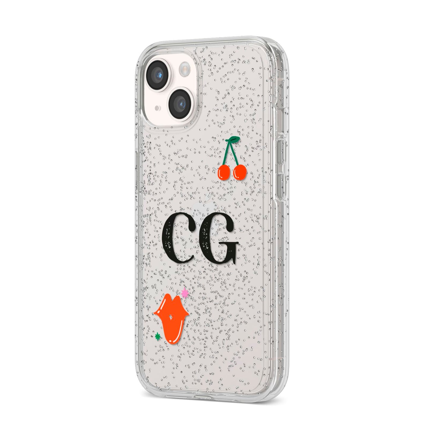 Personalised Initials Cherry iPhone 14 Glitter Tough Case Starlight Angled Image