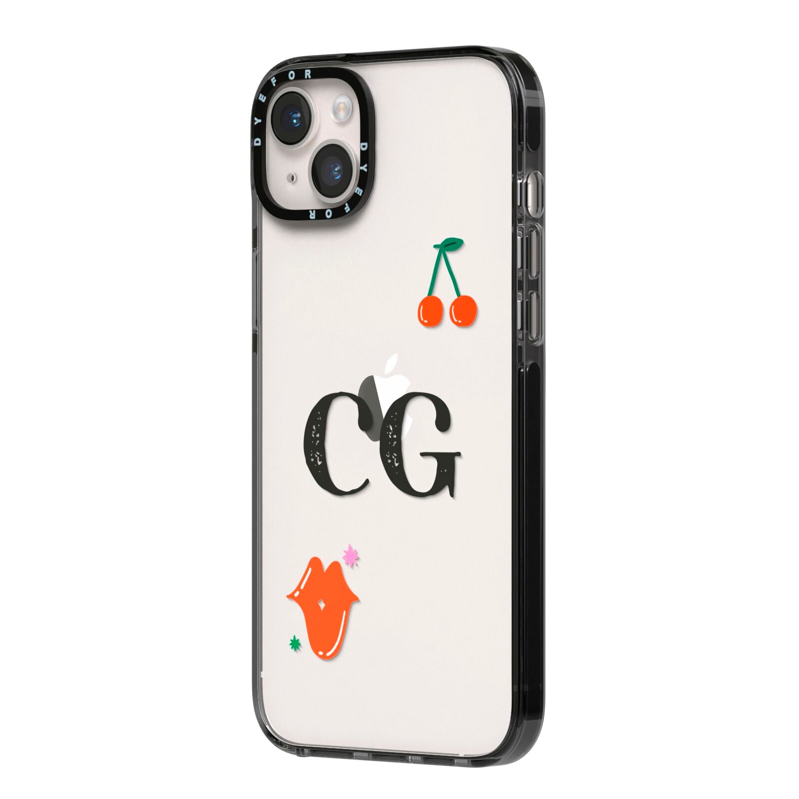 Personalised Initials Cherry iPhone 14 Plus Black Impact Case Side Angle on Silver phone