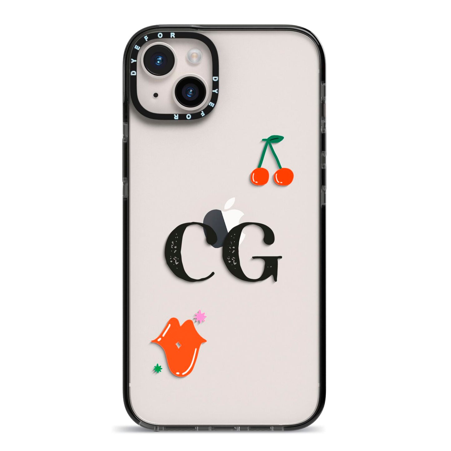 Personalised Initials Cherry iPhone 14 Plus Black Impact Case on Silver phone