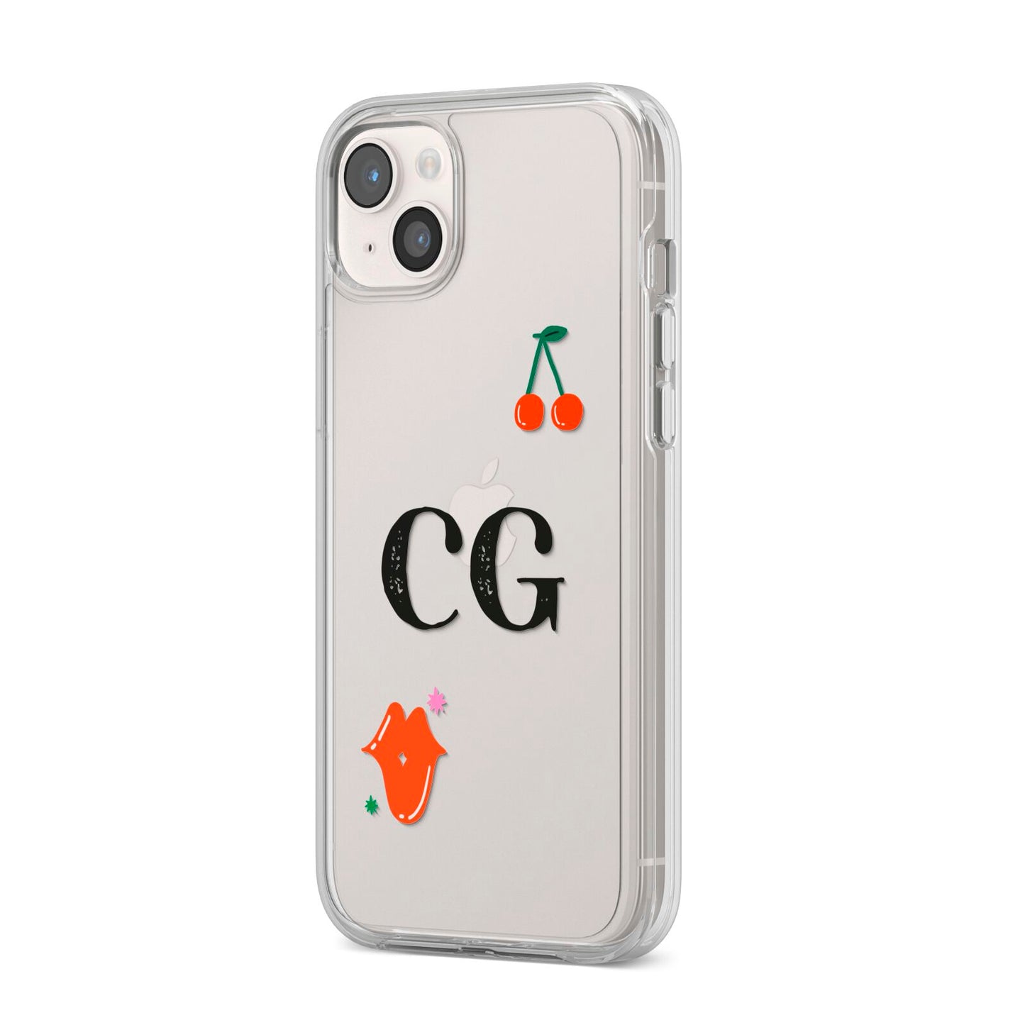 Personalised Initials Cherry iPhone 14 Plus Clear Tough Case Starlight Angled Image