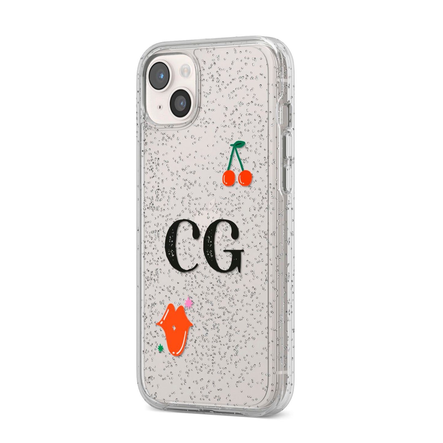 Personalised Initials Cherry iPhone 14 Plus Glitter Tough Case Starlight Angled Image