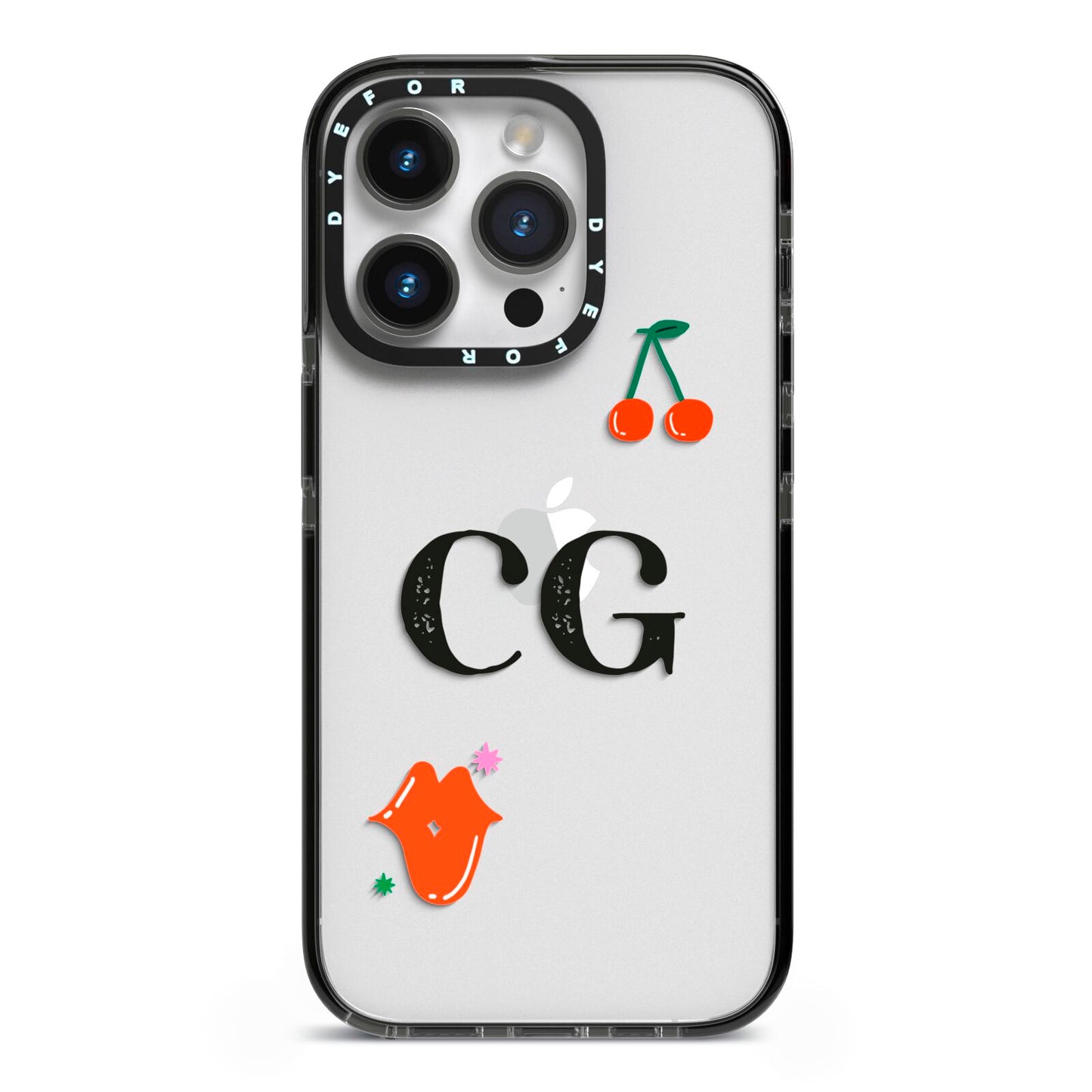 Personalised Initials Cherry iPhone 14 Pro Black Impact Case on Silver phone