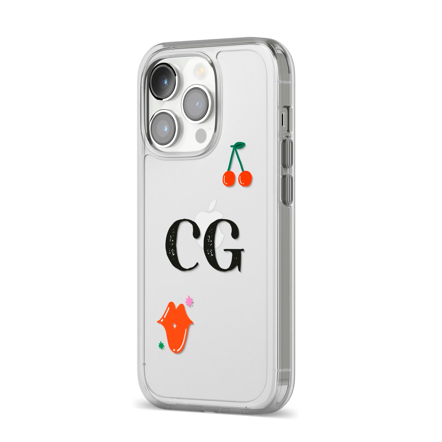 Personalised Initials Cherry iPhone 14 Pro Clear Tough Case Silver Angled Image